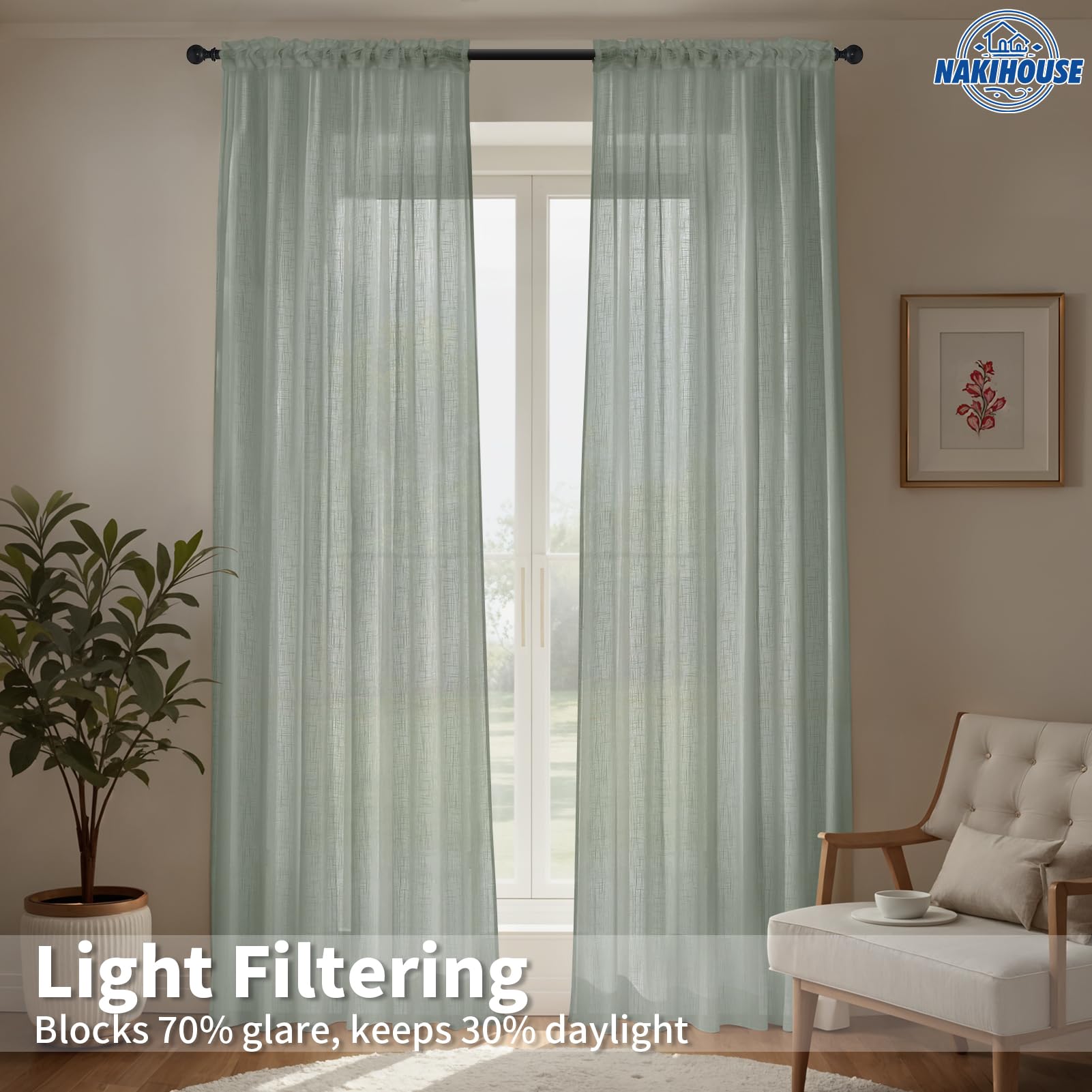NAKIHOUSE Linen Voile Curtain, 2 Panels Grey Net Curtains for Windows 63 Drop - Image 3