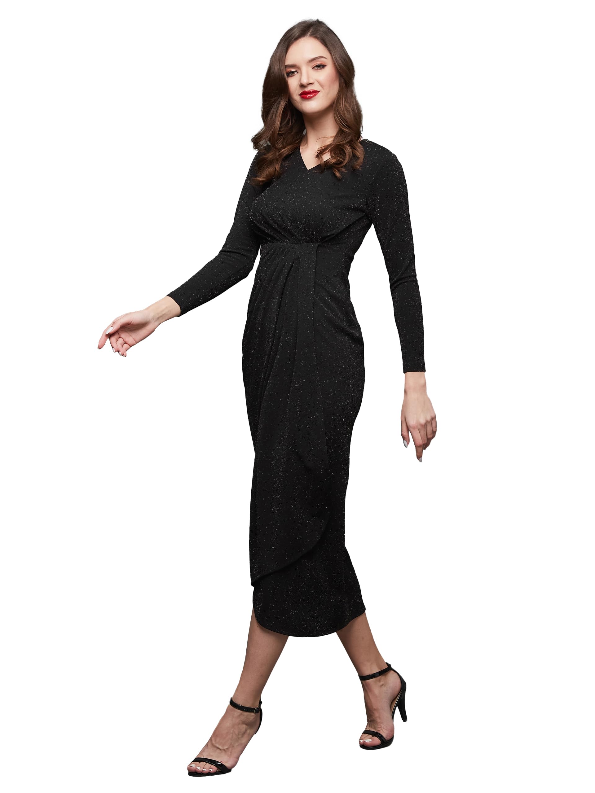 Miss Chase Women's V-Neck Full Sleeve Self Design Wrap Polyester Midi Dress (Mcaw23D13-81-62-04, Black, M)