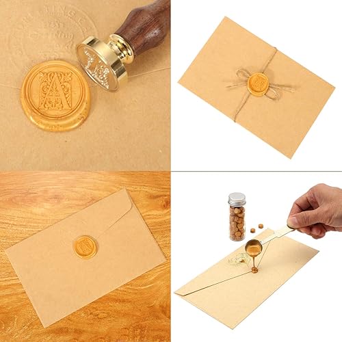 Miniatura 6 de Yoption - Sello de cera con letra A, cabeza de latón floral vintage, mango de madera, sello inicial del alfabeto para invitación de fiesta de boda