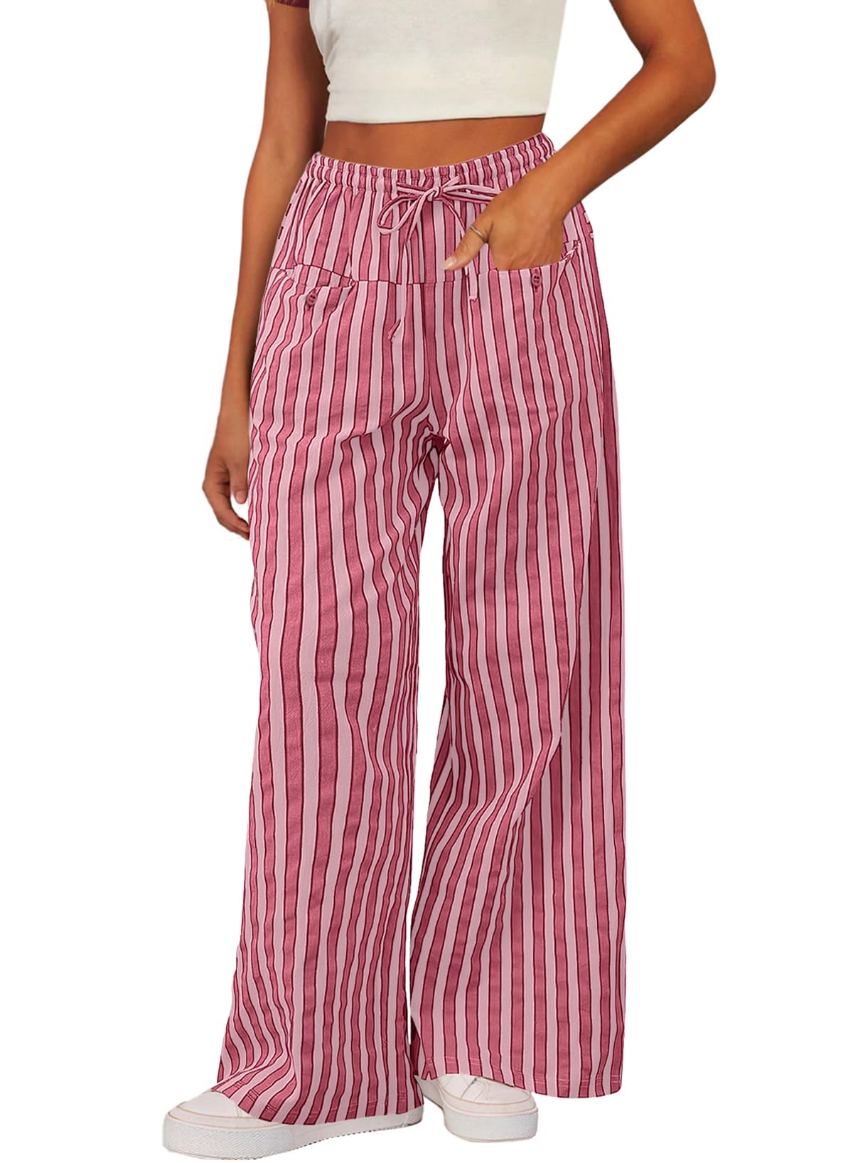 Acelitt Women Casual Drawstring Elastic Waist Loose Wide Leg Striped Pants with Pockets S-XXL