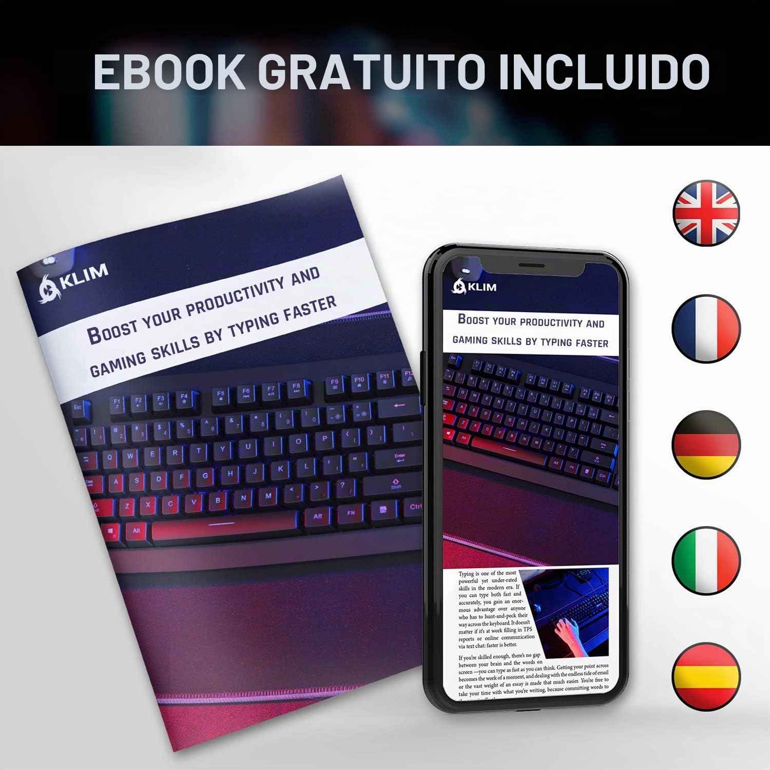 KLIM™ Light V2 Teclado Inalámbrico Gaming DE + Teclado Gaming Ligero, Duradero, Ergonómico, Silencioso + Batería de Larga duración + Teclado Gamer PC Mac PS4 Xbox One+ Nuevo Versión + Negro