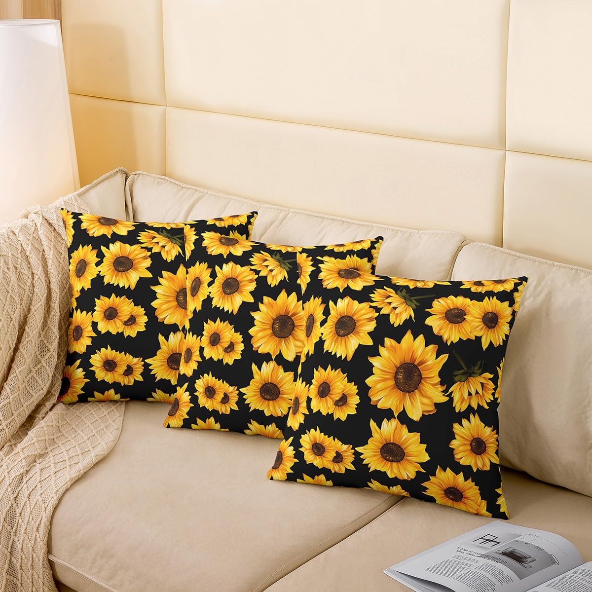 Pack of 4 Sunflower Decorative Throw Pillow Covers,Soft Floral Print Square Cushion Case Set for Couch Sofa Bedroom Living Room,Yellow Flowers Pattern Black Pillow Cases Pillowcases,16x16 Inches