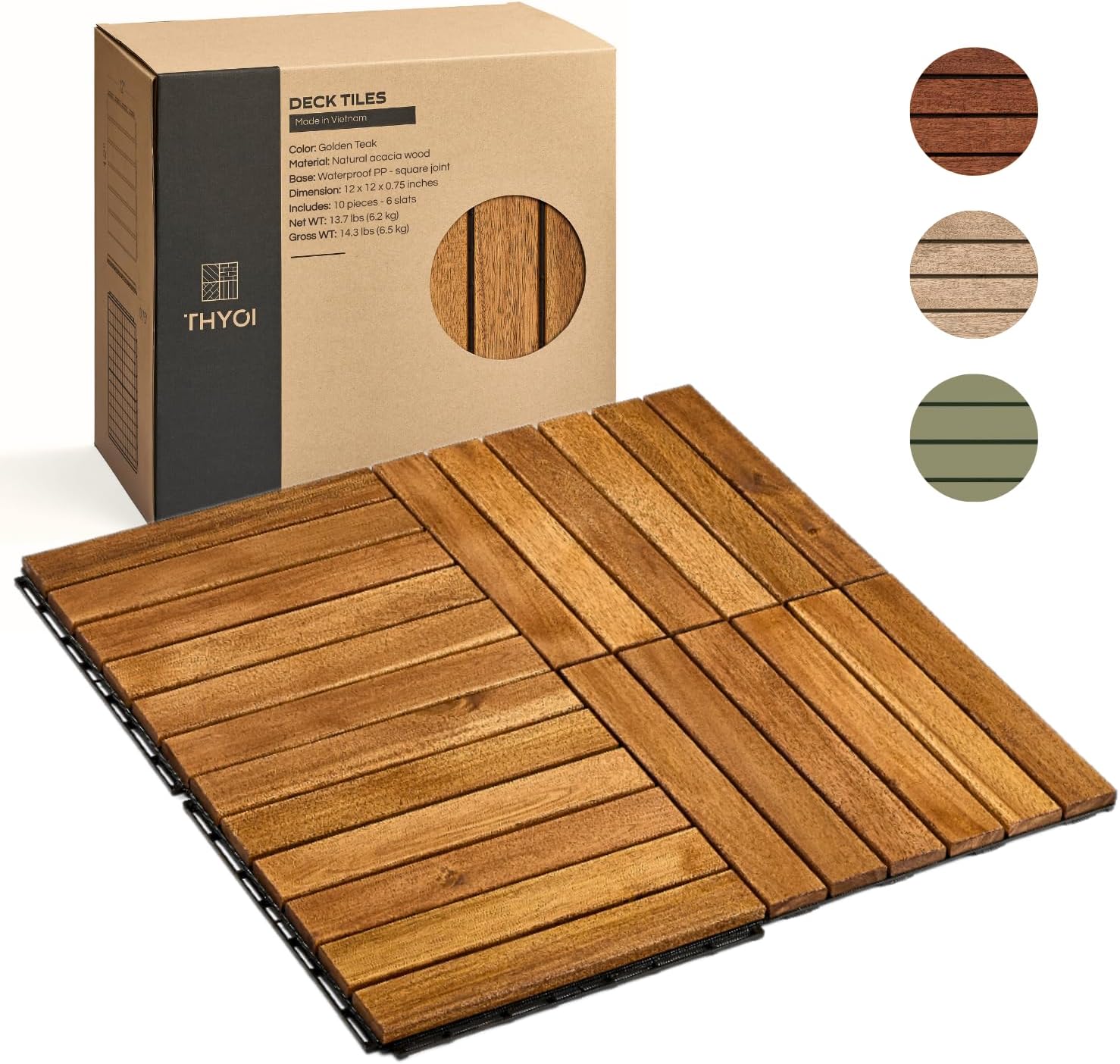 10 Pcs Premium Interlocking Deck Tiles, Waterproof Acacia Wood Patio Flooring for Balcony & Outdoor Use (Golden Teak - Crossed-Pattern Base, 10 Pcs - 12.1 Square Ft)
