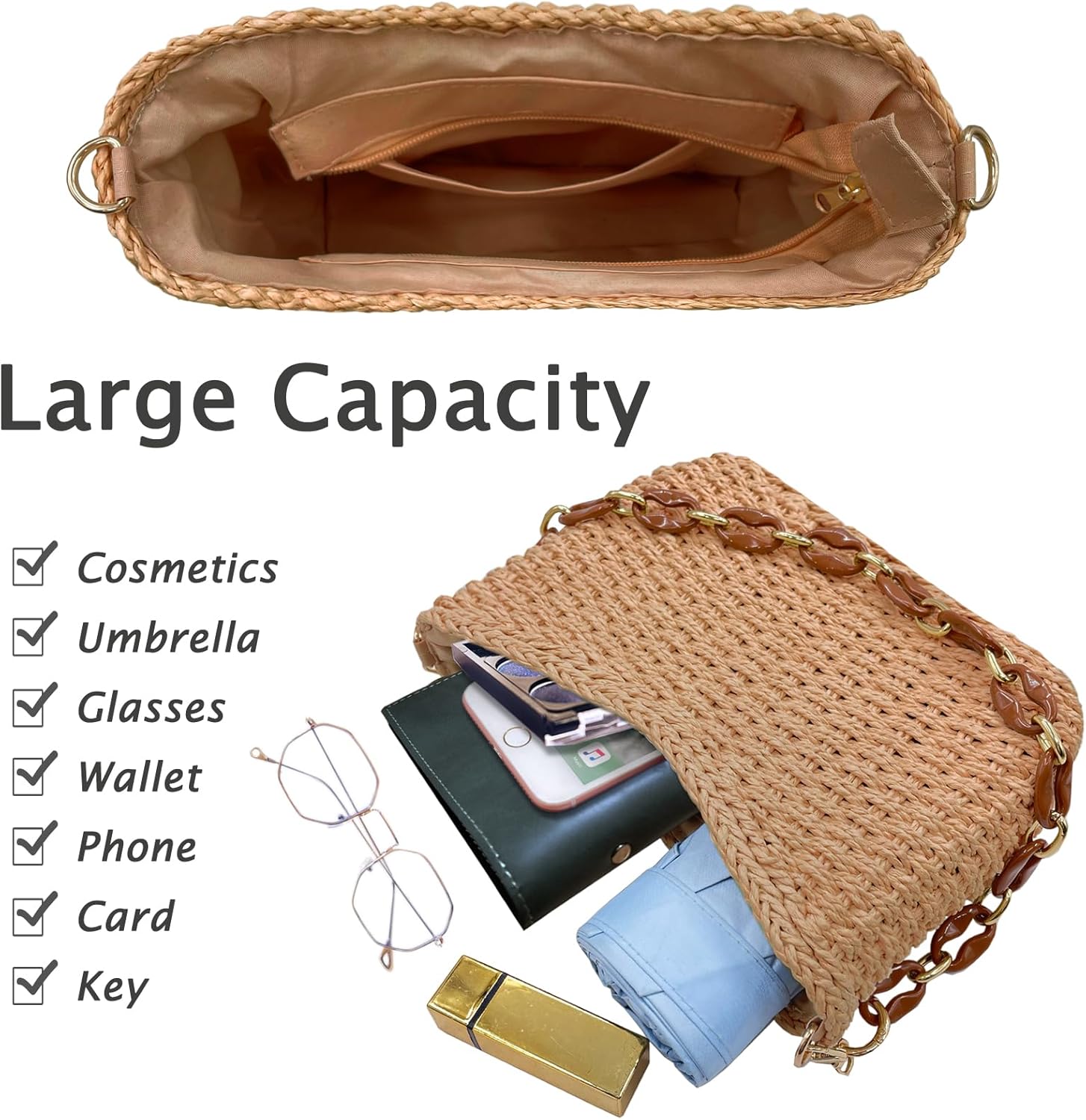 Small Straw Handbags for Women Crossbody Pocketbooks Woven Shoulder Purses Beach Tote Bag for Summer Vacation with Chain - Image 3