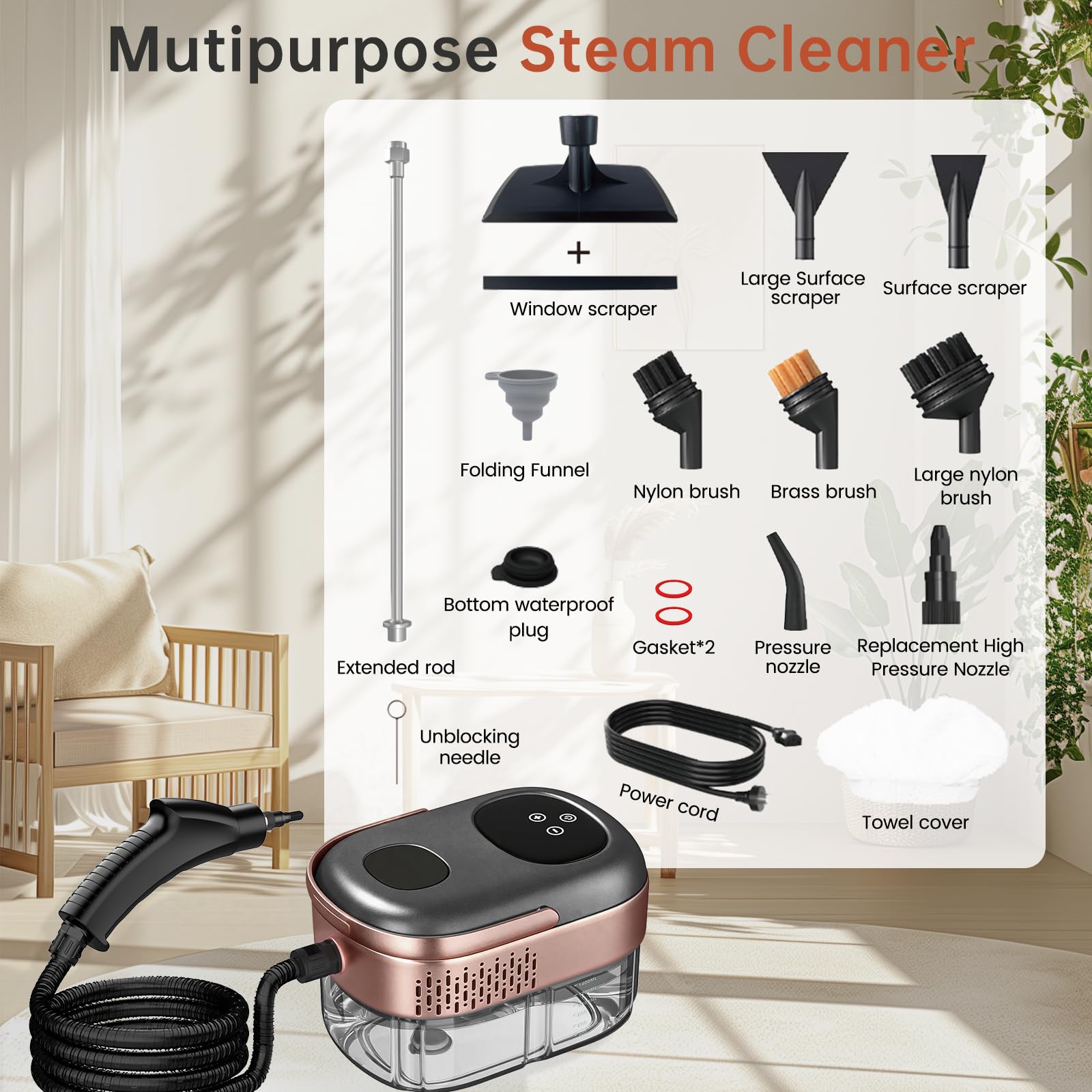 Mixoo Hochdruck Dampfreiniger Handgerät für alles, 2500W, 1,4L,3 Bar