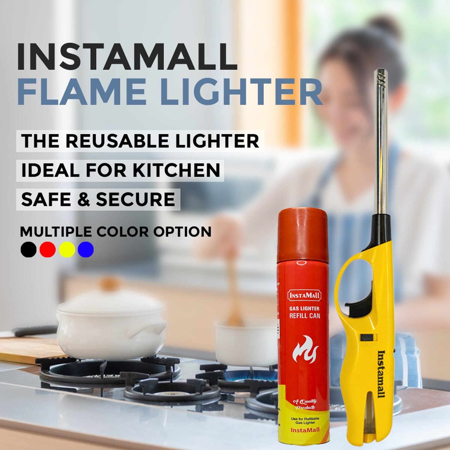 SevanAmaze ABS Plastic Adjustable Flame Gas Lighter with 100 ml Gas Refill Can Ideal for Kitchen Use,Candles, Refillable Lighter (1 Lighter + 1 Refill Bottle) (Yellow) — Amazon image 4