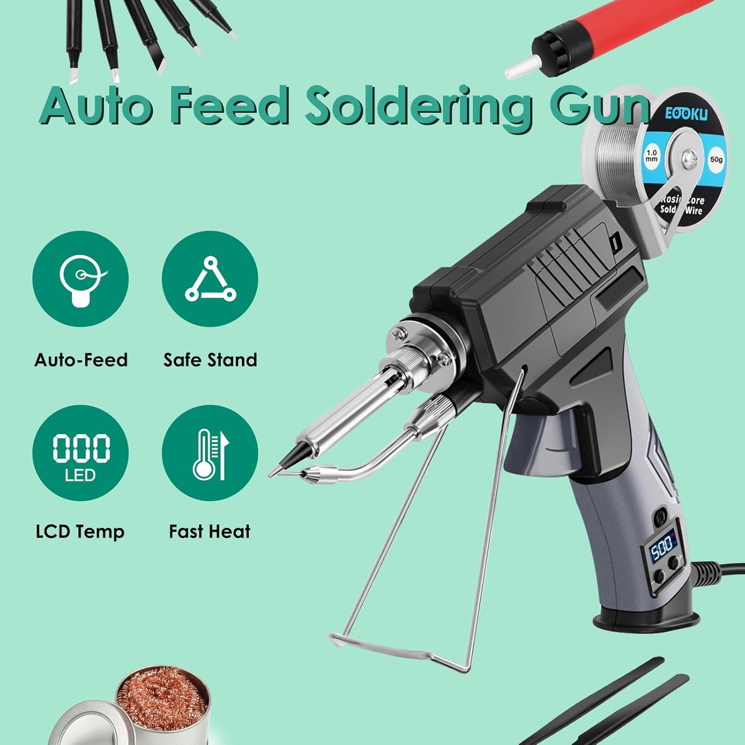 Soldering Iron gun Kit,60W Auto Feed Soldering Kit with Adjustable Temperature LCD Display,Wire,Tip Cleaner,5 Tips,Pump,Tweezers for Electronic PCB Repair,DIY