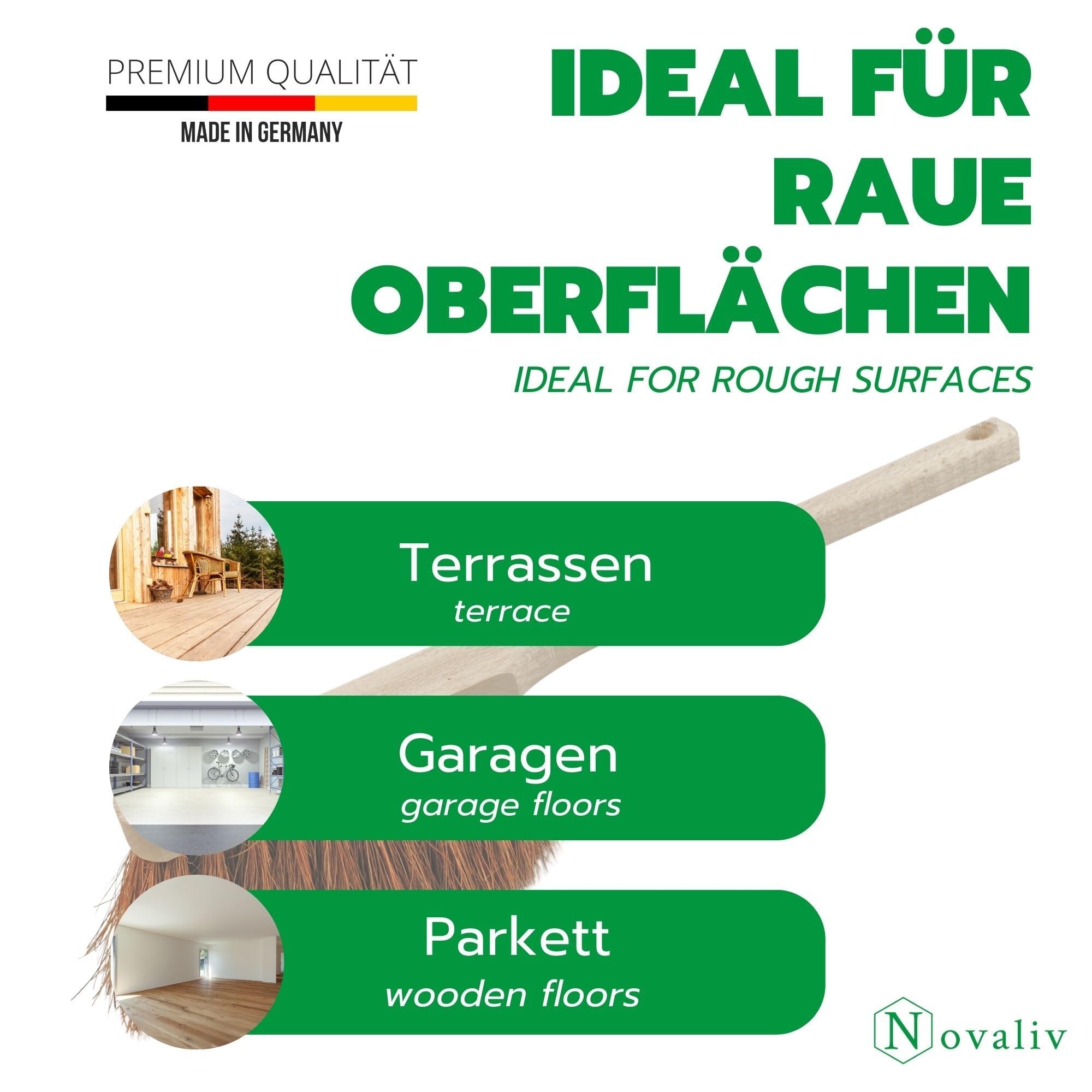 Novaliv 10x Hochwertiger Langstiel Handfeger 45 cm mit Holzgriff feine Kokosborsten Effektive Reinigung Weiche Borsten im Haushalt Staub Schmutz Haare Langlebig Leicht Reinigen Outdoor Broom