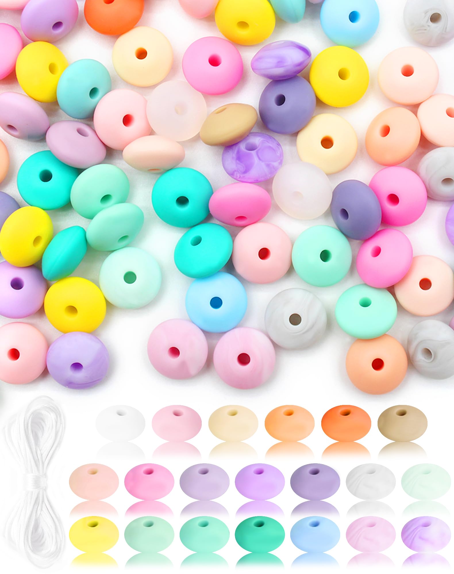 Cinvo Silicone Lentil Beads - 100pcs 12mm Abacus Rubber Loose Spacer Beads with 5m Lanyard for Bracelets, Necklace, Keychain Making DIY Craft (20 Macaron Color Bead Kit) — image 1