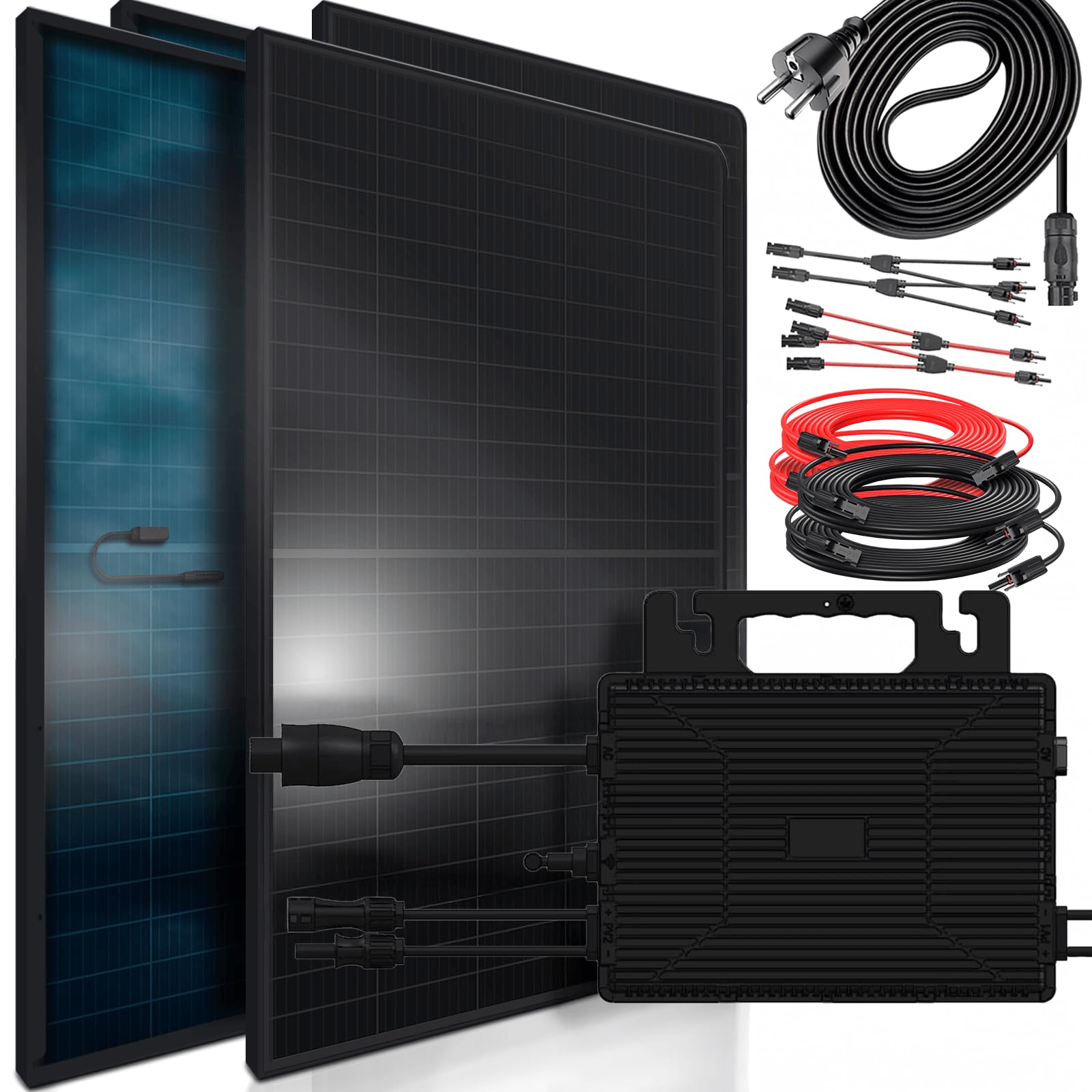 SUNNIVA® 1840W Balkonkraftwerk BIFAZIAL FULLBLACK komplett Steckdose ASTRO-E 800W Wechselrichter, PV Solaranlage, 4x 460W Glas-Glas Solarmodule, inkl. 5m Kabel, Bluetooth WIFI, Komplettset