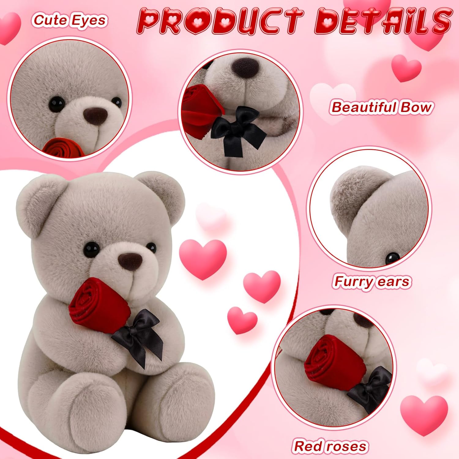 2 Pcs 13.78'' Valentines Day Small Teddy Bear with Rose Cute White Brown Teddy Bear Stuffed Animals Soft Plush Bears Gifts for Valentines Birthday Girlfriend Boyfriend Lover