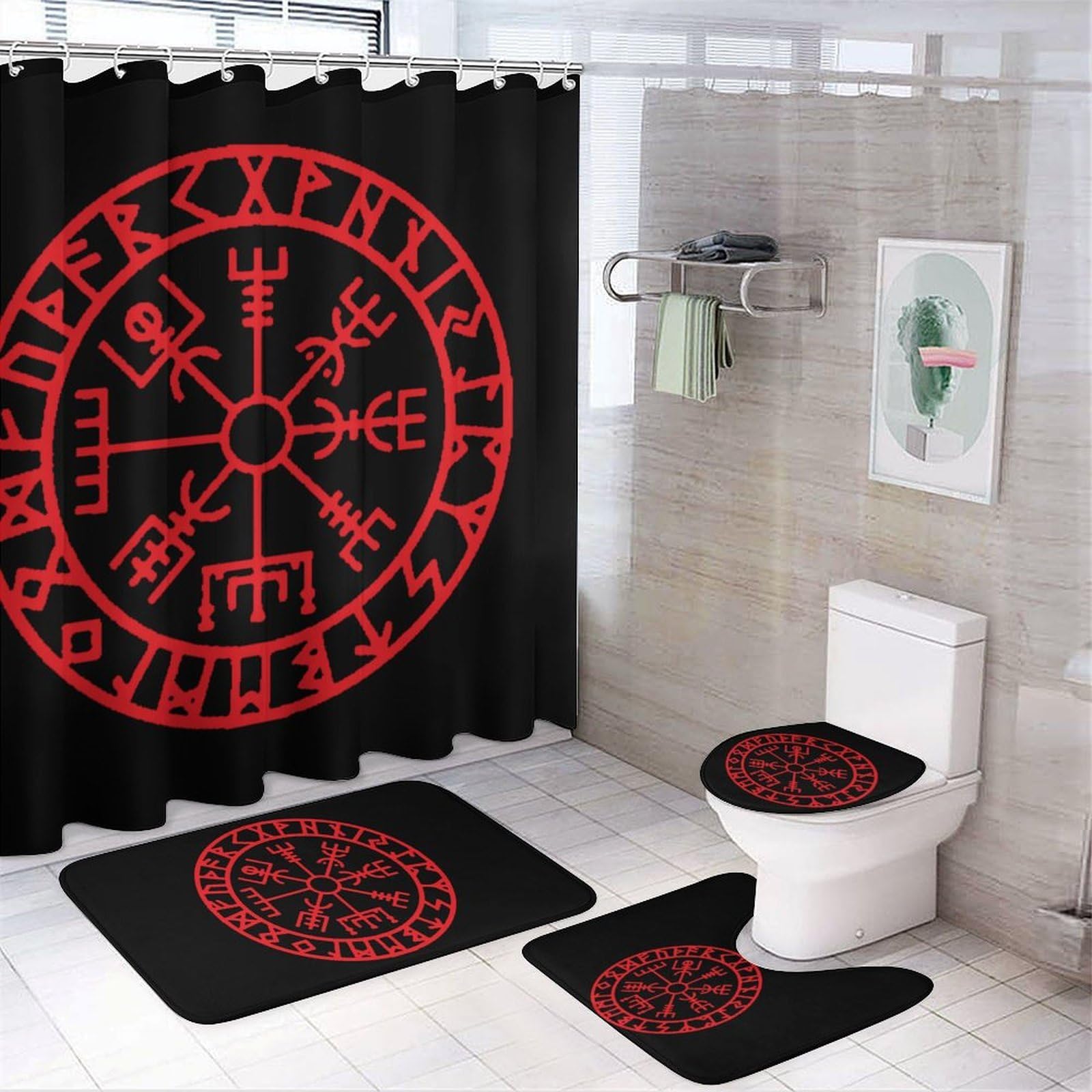 CGSBNGHA Viking Nordic Compass Shower Curtain Set 4 Piece Bathroom Sets with Rugs Toilet Lid Cover And U-Shaped Floor Mat