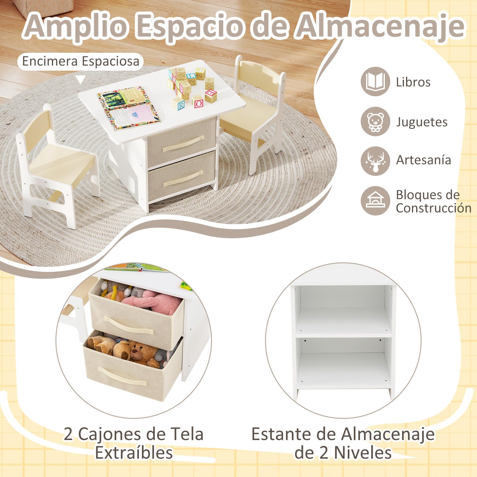 GOPLUS Juego de Mesa y 2 Sillas Infantil 3 en 1, Grupo de Asientos y Escritorio con Amplio Tablero para Niños, Mueble Infantil con 2 Cajas de Almacenamiento, Capacidad Carga 50KG (Natural)