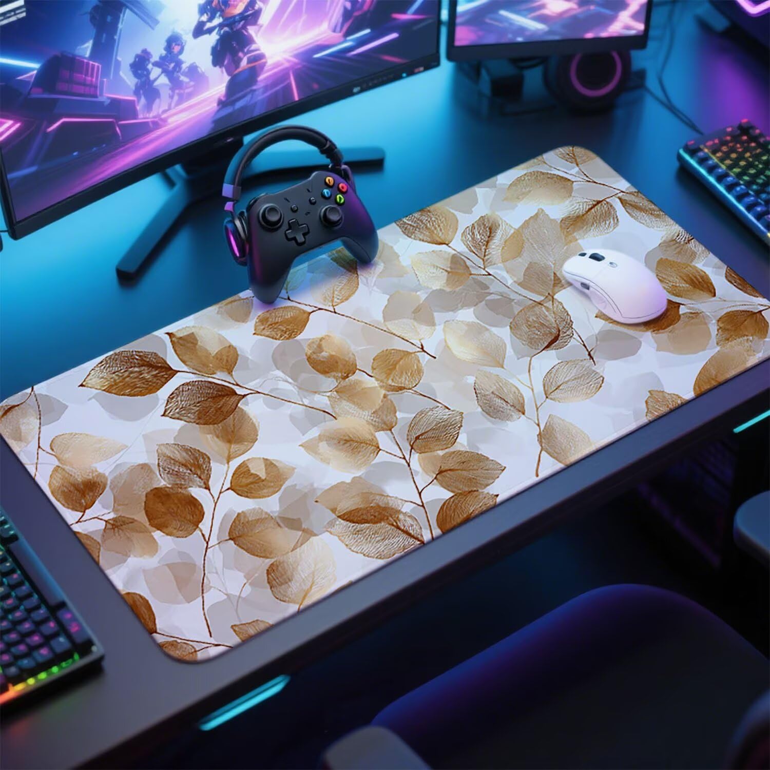 Brązowa podkładka pod mysz pod mysz pod mysz do gier XXL 1200 x 600 x 3 mm podkładka pod mysz gumowa liście duża podkładka pod mysz dla graczy akcesoria wodoodporne PC, do klawiatury laptopa w-11627