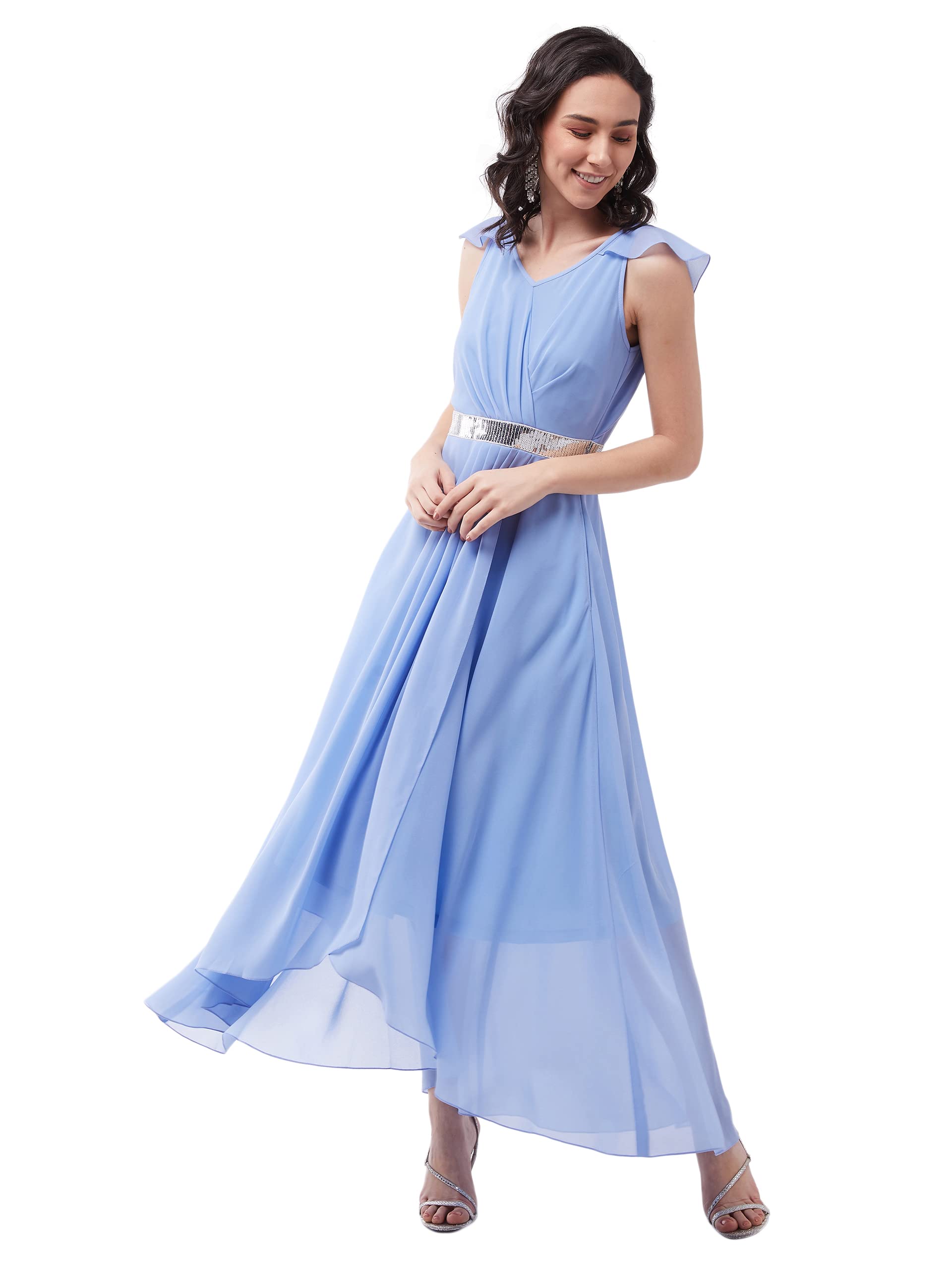 Miss Chase Women's Powder Blue V-Neck Ruffled Sleeve Solid Embellished Maxi Dress (Mcaw21D06-17-167-03,Powder Blue,S)