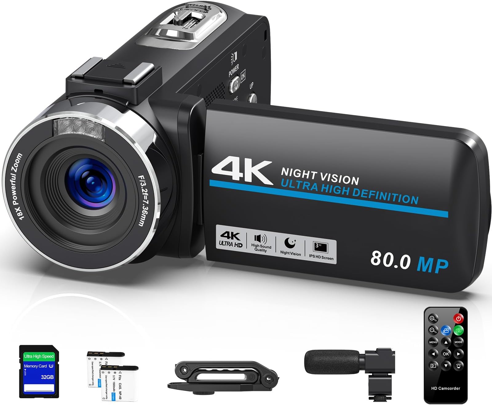 4K Camcorder Video Camera Ultra HD 80MP Vlogging Camera for YouTube 18X Digital Zoom Recorder