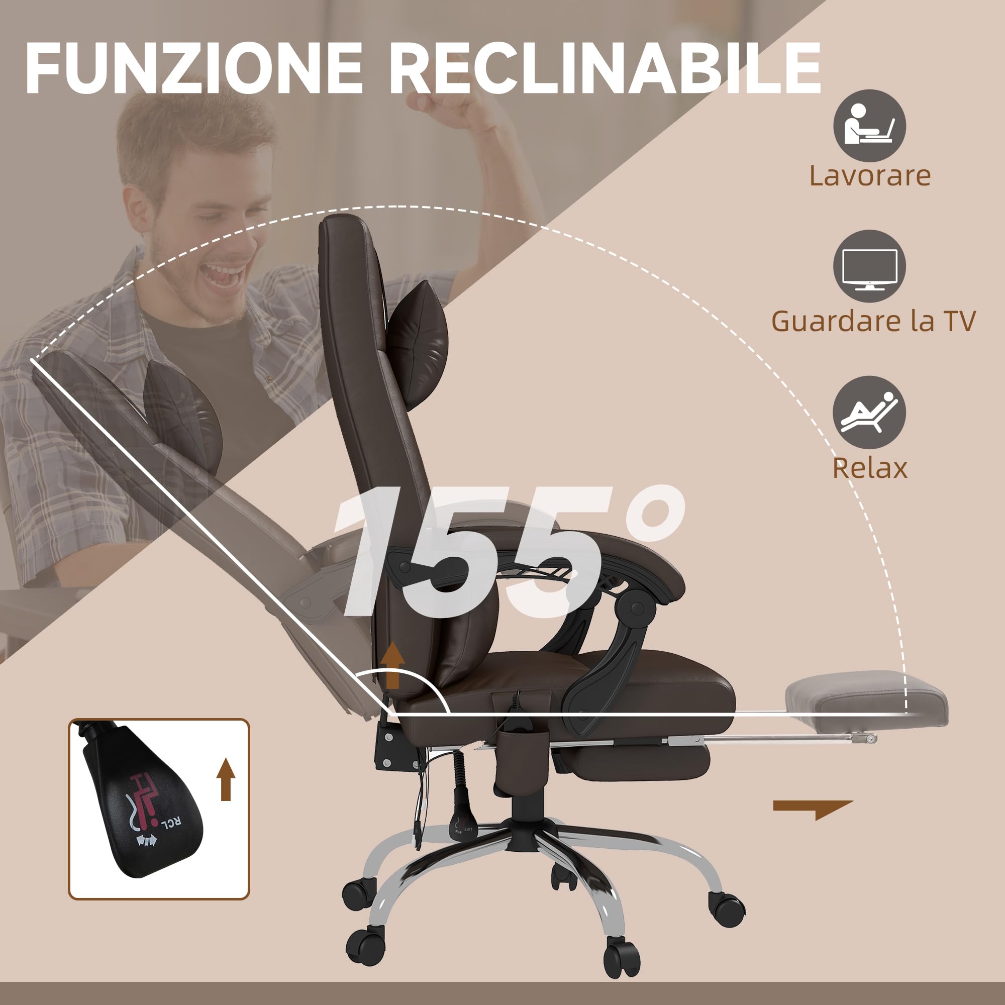 Vinsetto Sedia Massaggiante ad Altezza Regolabile con Poggiapiedi e Telecomando, Sedia da Scrivania in Finta Pelle, 66x67x114-122 cm, Marrone Scuro