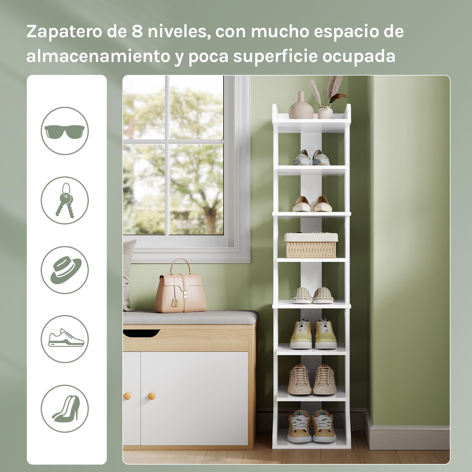 WOLTU Zapatero Estrecho y Alto, Estantería Vertical para Zapatos, Mueble Zapatero de 8 Niveles, para Pasillo, Salon, Entrada y Rincón, 27,5x30x121 cm, Blanco