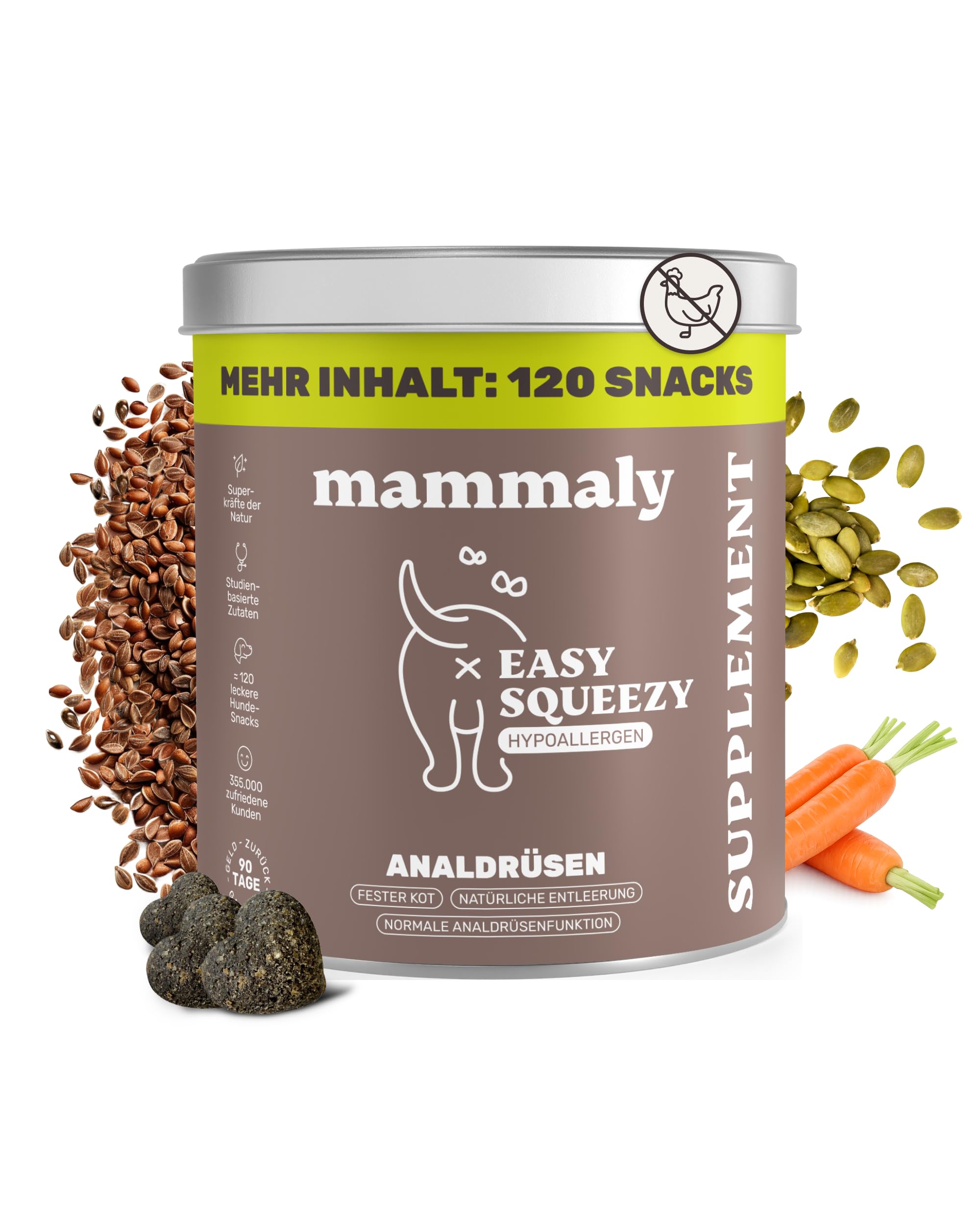 9 in 1 Analdrüsen Leckerli für Hunde mit Ballaststoffen - Easy Squeezy 120 Snacks (350g) von mammaly - gegen verstopfte Analdrüse - für festen KOT und natürliche Analdrüsenentleerung für deinen Hund