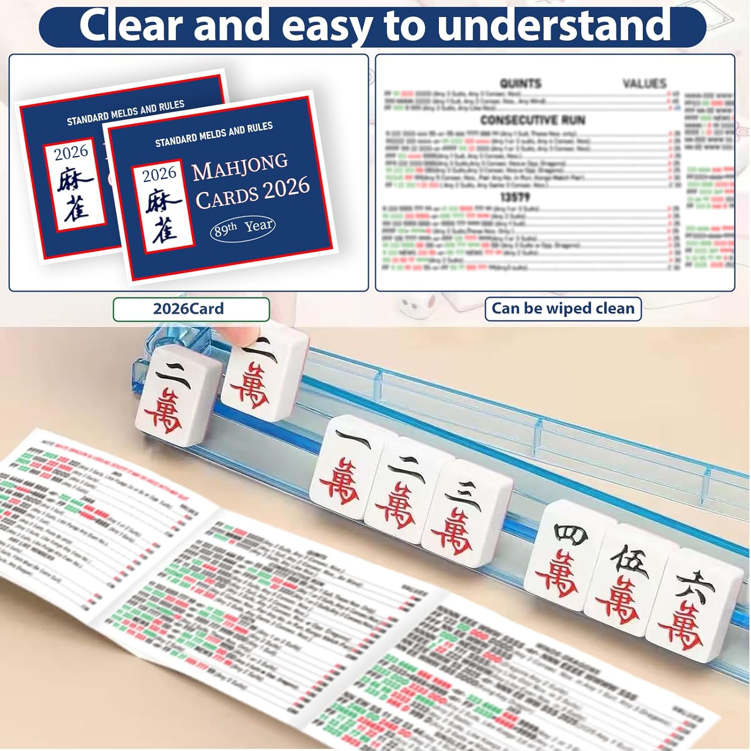 4 Pcs 2026 Mahjong Card Official Revision, Mah jongg Cards 2026, Large Print and Easy to Read Cards, Mah Jongg Rule Card Set for Mahjong Beginners & Christmas Gatherings (Blue)