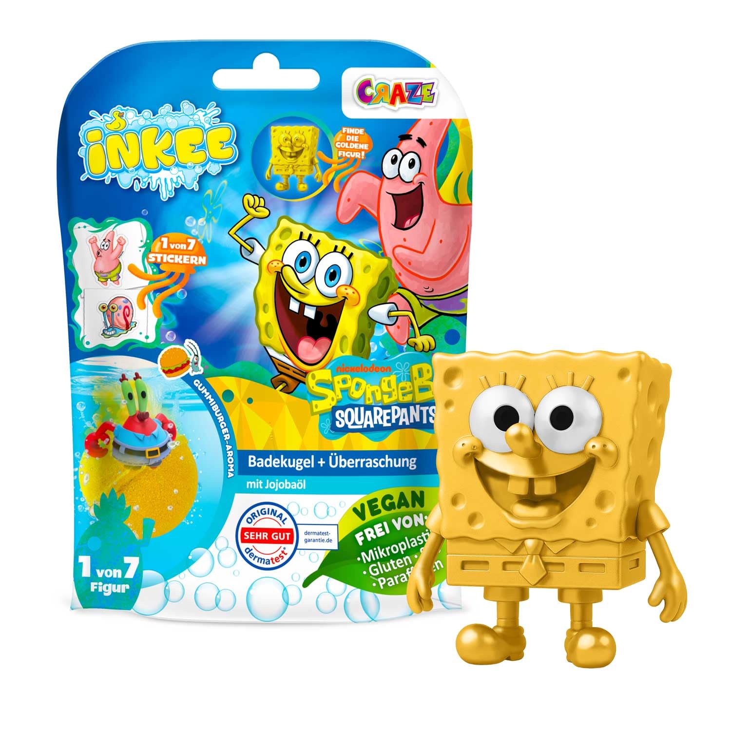 INKEE SpongeBob Bomba da Bagno con Sorpresa - Palla Bagno Bambini con Figura e Tatuaggio, Profumo Anguria, 100g, 7 Figure Collezionabili Edizione Oro