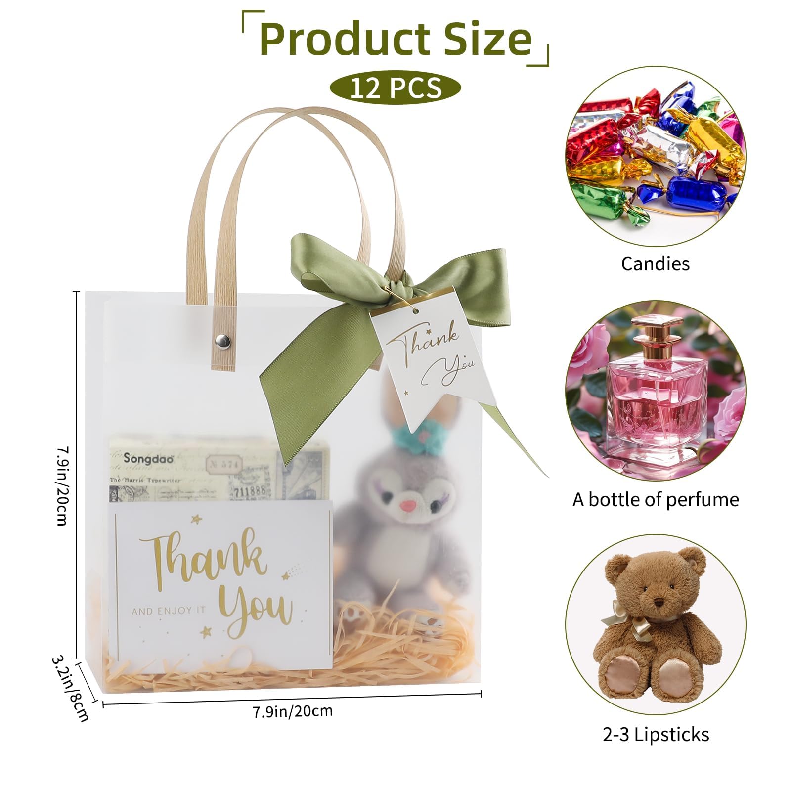 12 przezroczystych plastikowych torebek na prezenty z uchwytami 20 x 20 x 8 cm, wielokrotnego użytku, matowe torby na zakupy PP z zielonymi wstążkami i podziękowaniami, torby na upominki na ślub
