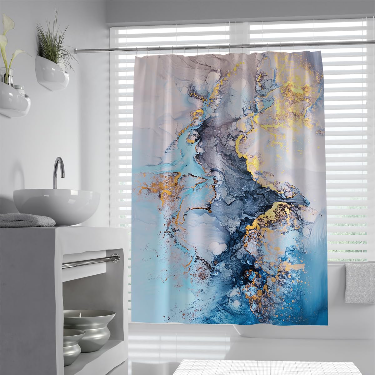 UIRINGART Modern Abstract Bathroom Curtains W200xL200cm Blue Yellow Grey Fluid Splatter Paint Pattern Waterproof Lightweight Fabric Home and Hotel Decor