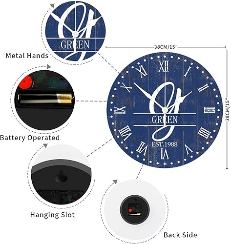 Miniatura 10 de Reloj de pared de madera de 15 pulgadas, nombre de la familia personalizado con manos de metal, reloj de pared fácil de leer, reloj de pared moderno