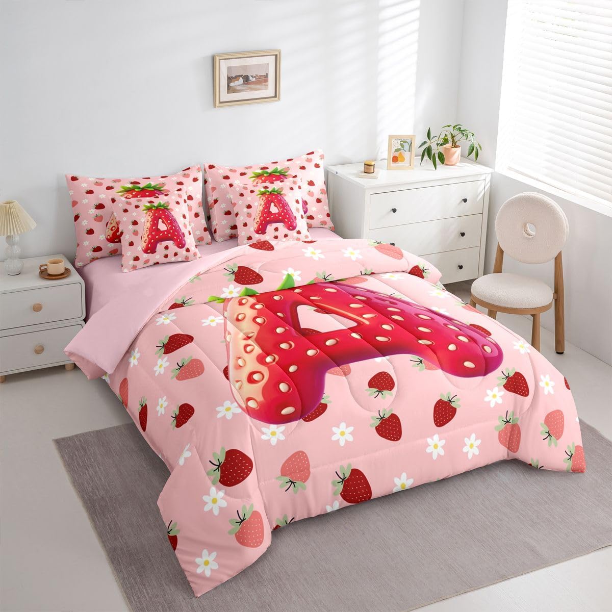 Feelyou Girls Pink Red Strawberry Comforter Set with Sheets 7 Piece Full Size Initial Letter A Bedding Set for Kids Boys Girls Princess Strawberry Bed in a Bag Room Decor Soft Lightweight Microfiber