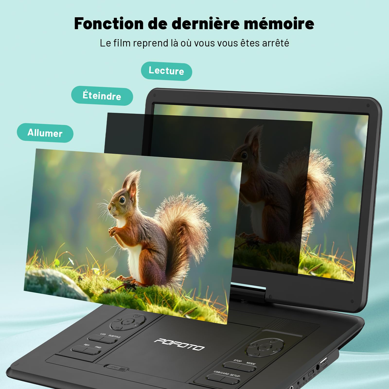 POFOTO Lecteur DVD Portable 17,5'' Écran Pivotant HD 15,6" 6h Autonomie Multiformat Disques SD USB sans Région Sortie TV Projecteur Haut-parleurs Stéréo