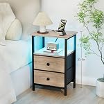 LOAKEKEL Nightstand with Charging Station, End Table with 2 Fabric Drawers, LED Night Stand for Bedroom, Small Bed Side Table with USB Ports and Outlets for Living Room, Grey, HETS02GY-1