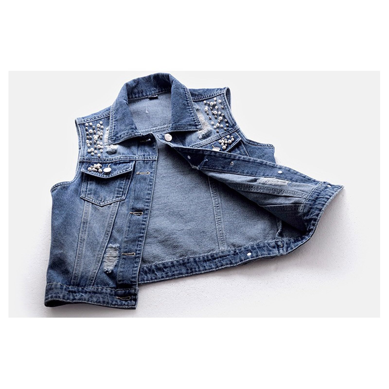 Gilet di jeans da donna, senza maniche, oversize, in jeans da donna, leggero, con perle, con bottoni, elegante, in denim