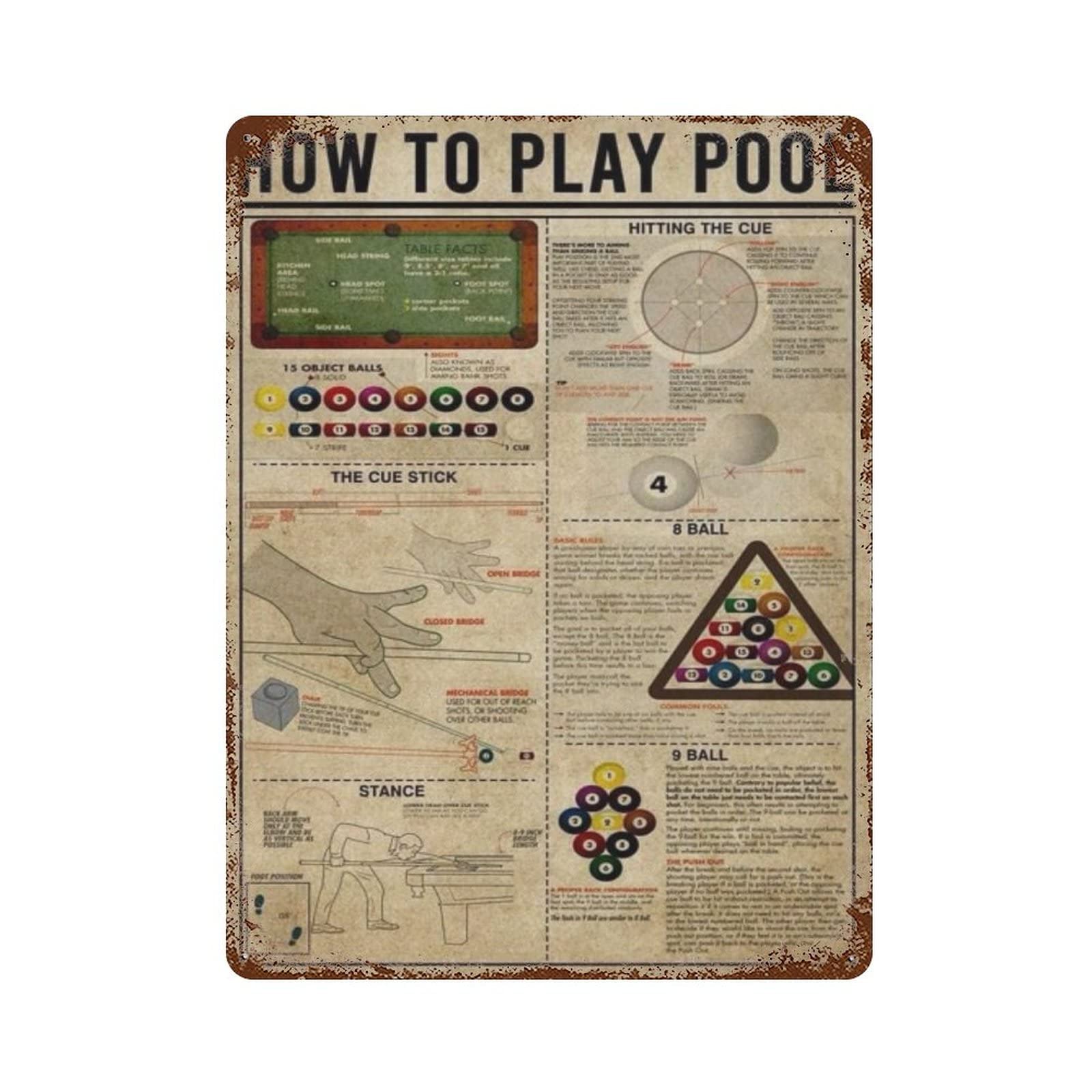How to Play POOL Metal Sign Retro Billiards Knowledge Tin Sheet Billiards Club Home Bar Room Office Billiard Hall Wall Decor Plaque, Billiard Teaching Metal Sign Opening Decor Gift hces 8"x12"