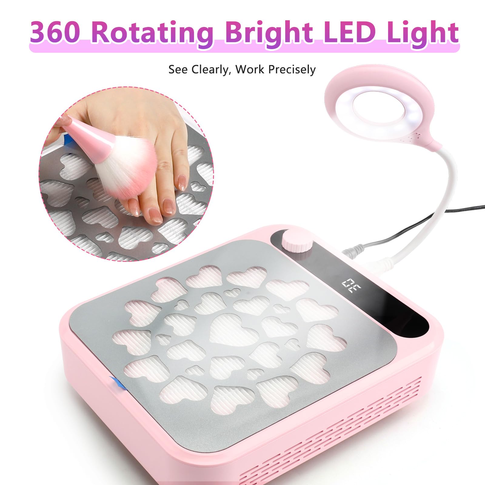 Nail Dust Collector, Dust Collector Nail Tech with LED Light & 2Pcs Reusable Filters & Cleaning Brush - Image 4