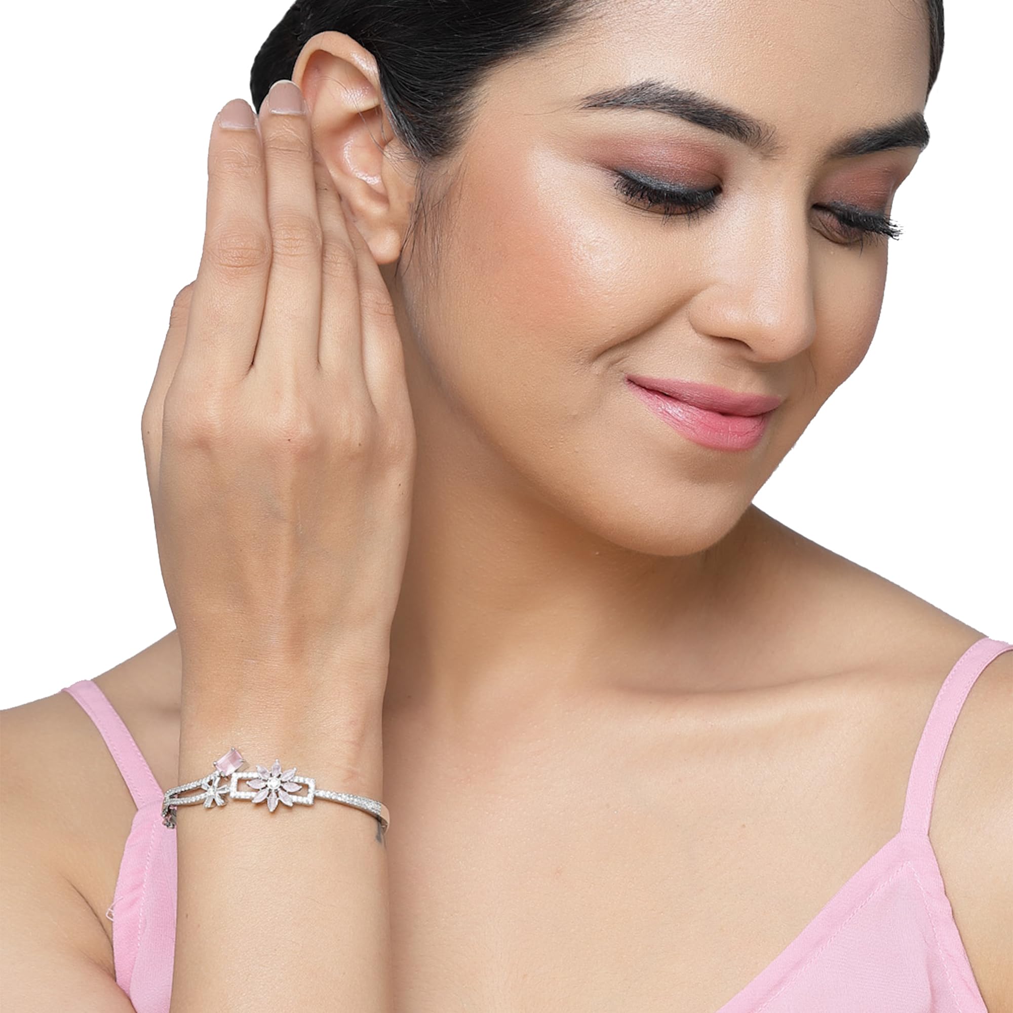 Rhodium-Plated AD Leaf Shaped Kada Bracelet (Sea Green)