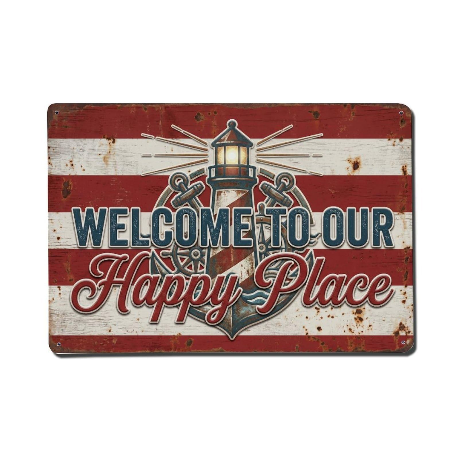 Welcome To Our Happy Place Coastal Lighthouse Metal Tin Sign Plaque Wall Decor for Cafe, Club Bar, Office, Home Garden Metal Poster 8x12Inch