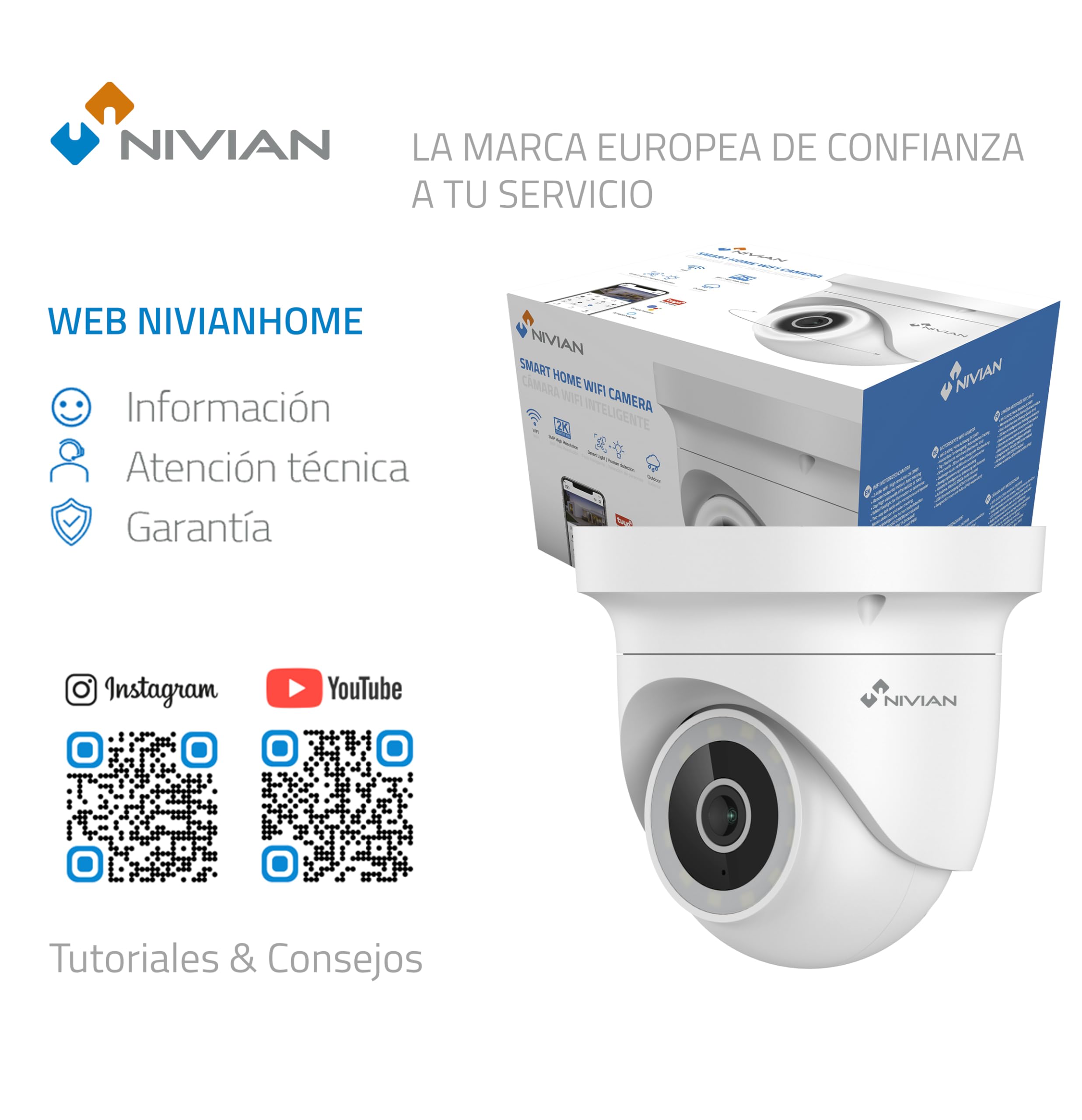 NIVIAN Cámara de Seguridad Motorizada 2K con WiFi, Detección de Movimiento, Visión Nocturna, Audio Bidireccional, Seguimiento Automático y Control por Voz y App Tuya