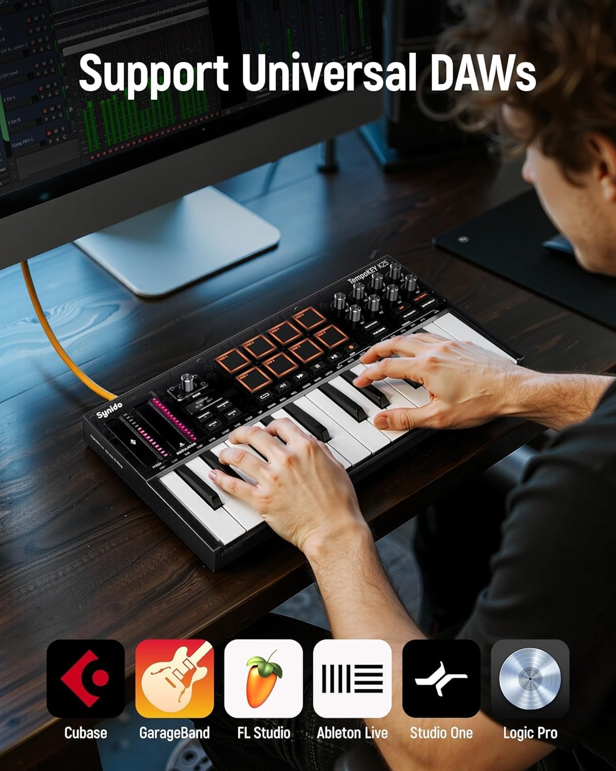 Synido 25 Tasten USB MIDI Keyboard Controller mit 8 Drum Pads, Professionelle Mini Midi Keyboard mit OLED Bildschirm, Beat Maker Maschine für Musikproduktion, Schwarz, TempoKey K25