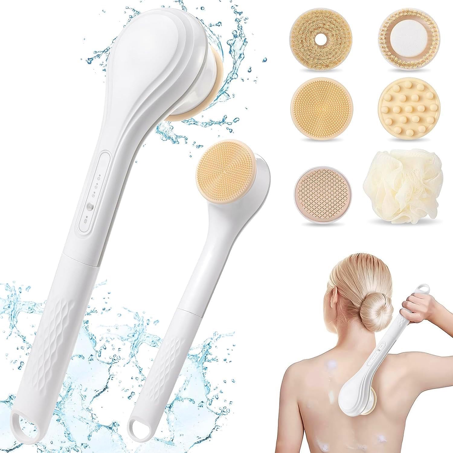 Azonee Electric Body Brush, Rechargeable Electric Body Scrubber, Waterproof Exfoliating Bath Brush Long Handle for Shower, Lotion Applicator for Back, Silicone Spin Skin Brush with 6 Brush Heads