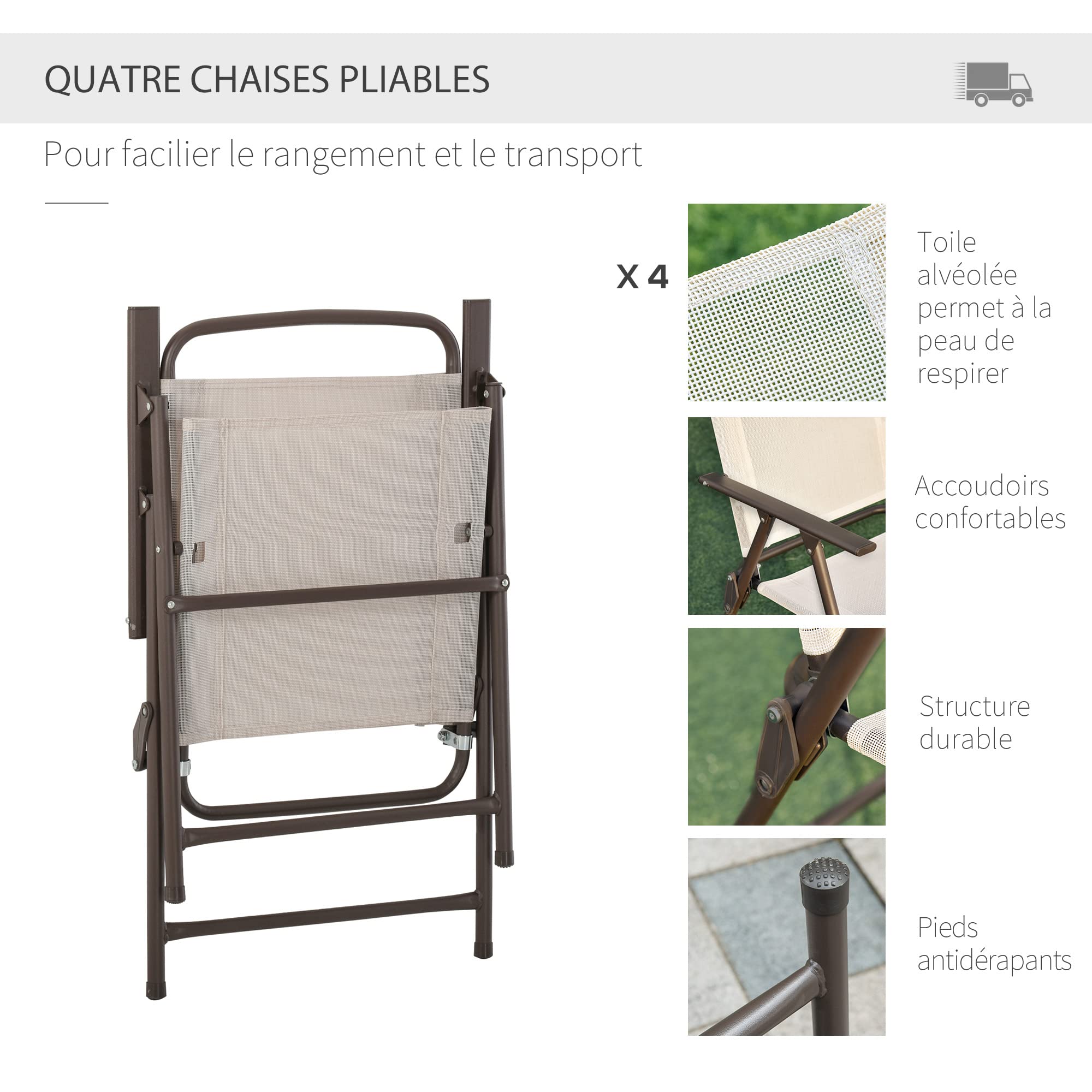 Outsunny Salon de Jardin 6 pièces Table Ronde Chaises Pliables Parasol Acier époxy Polyester Beige