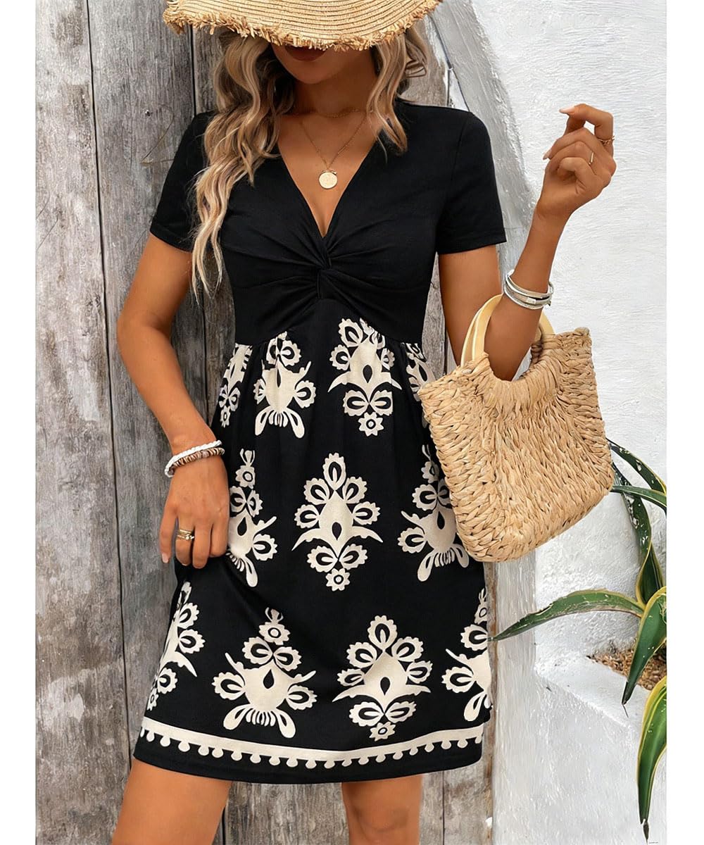 Robe Ete Femme Col V Chic et Elegant Manches Courtes Mini Robe A-Line Décontractée Robes Taille Haute pour Fête Noël Mariage