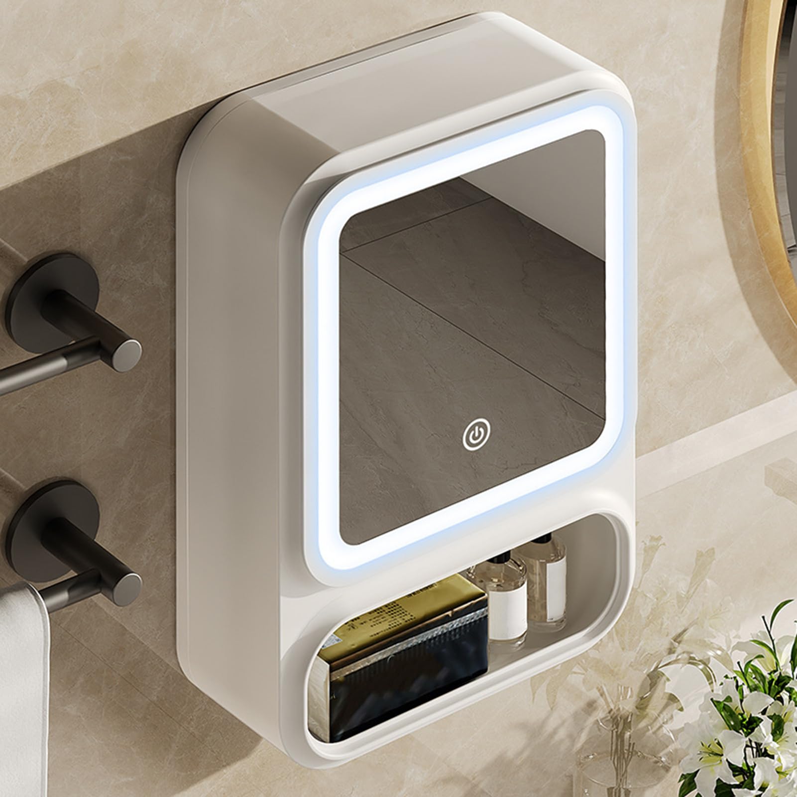 Generico Armadietto Specchio per Bagno,Specchio ad Angolo con Mobile da Parete per Bagno | Luci LED, Dispenser Carta Magnetico e Design Moderno per Shampoo e Trucchi