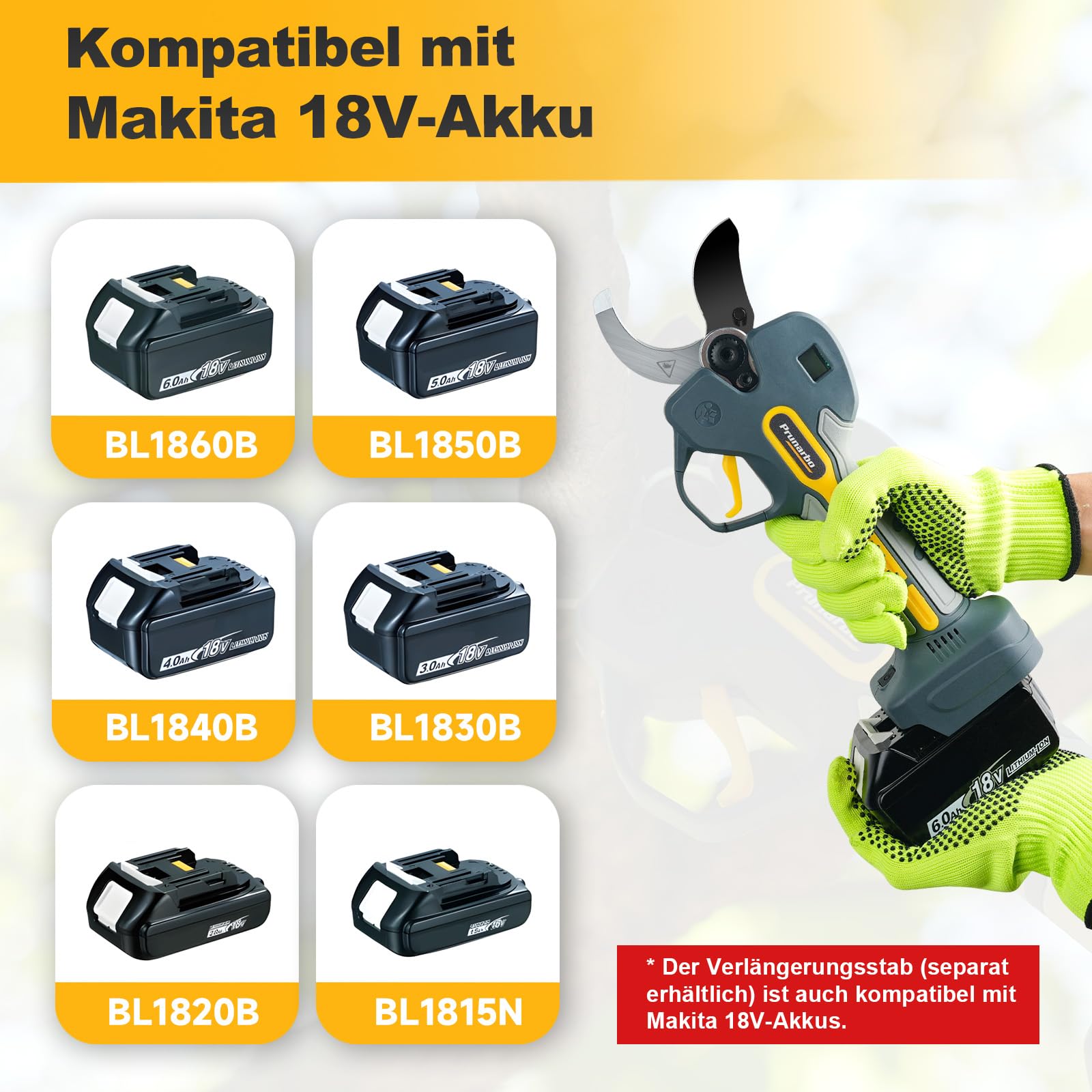 Akku Astschere 50mm mit Verlängerungsstiel für Baumpflege | professionelle Akku Gartenschere mit Verlängerung, 1,3–2,5m Teleskopstiel, Für hohe Äste und präzise Baumschnitte