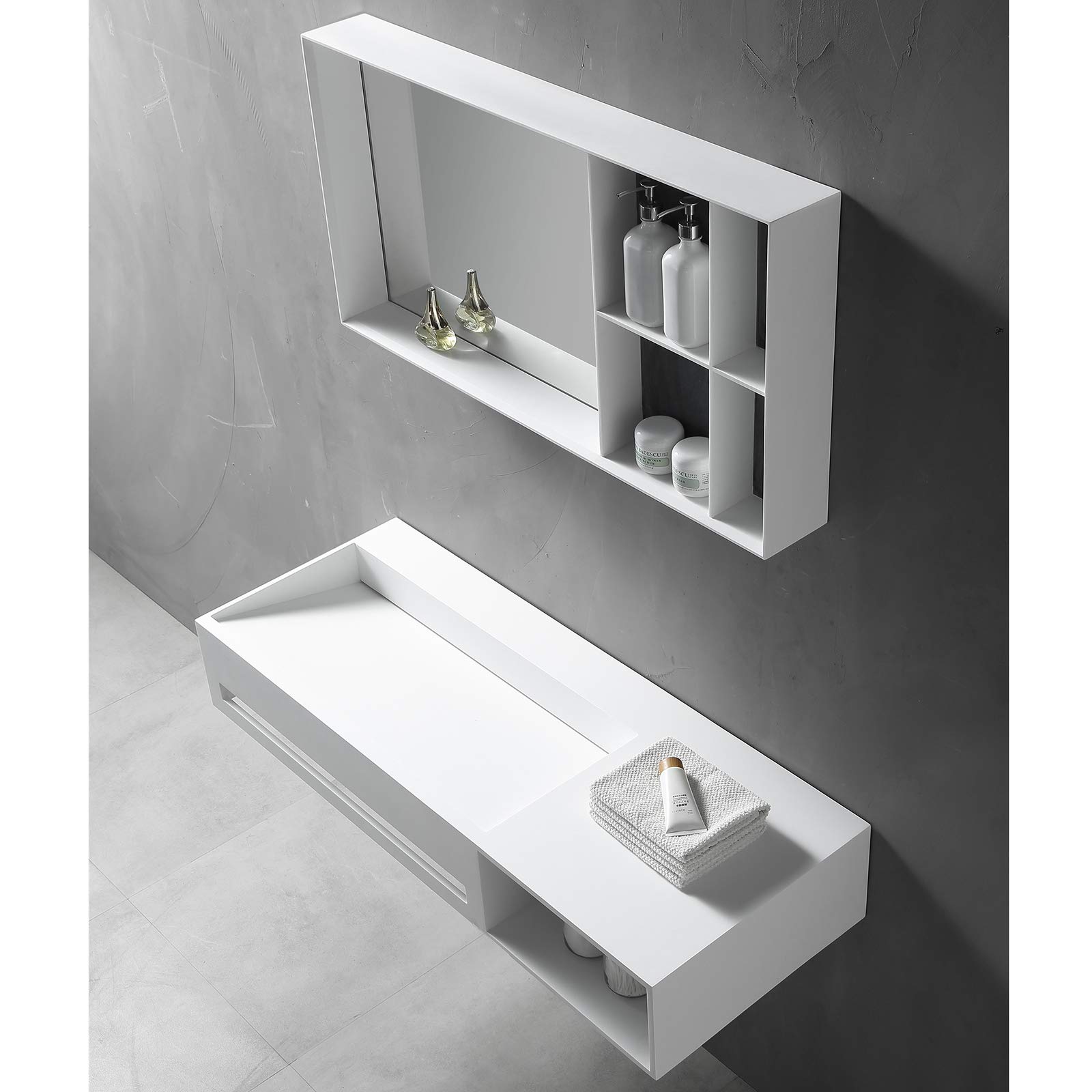 Lavabo sospeso con portaoggetti e porta asciugamani TWG62 - Solid Surface - bianco opaco, Larghezza lavabo:120 cm