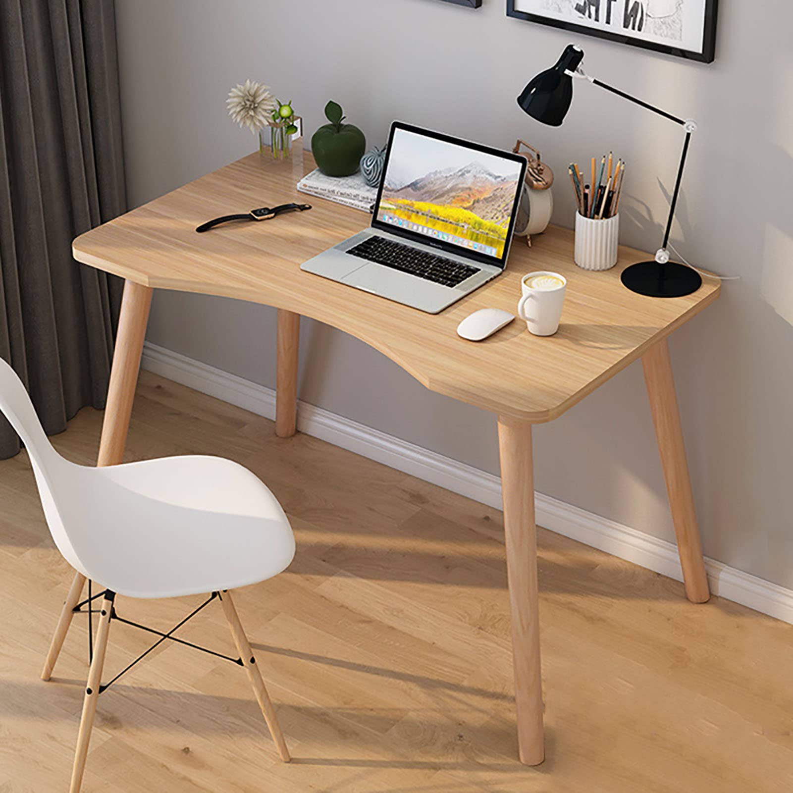 Bureau compact fonctionnel avec pieds en bois stable pour espace de travail réduit
