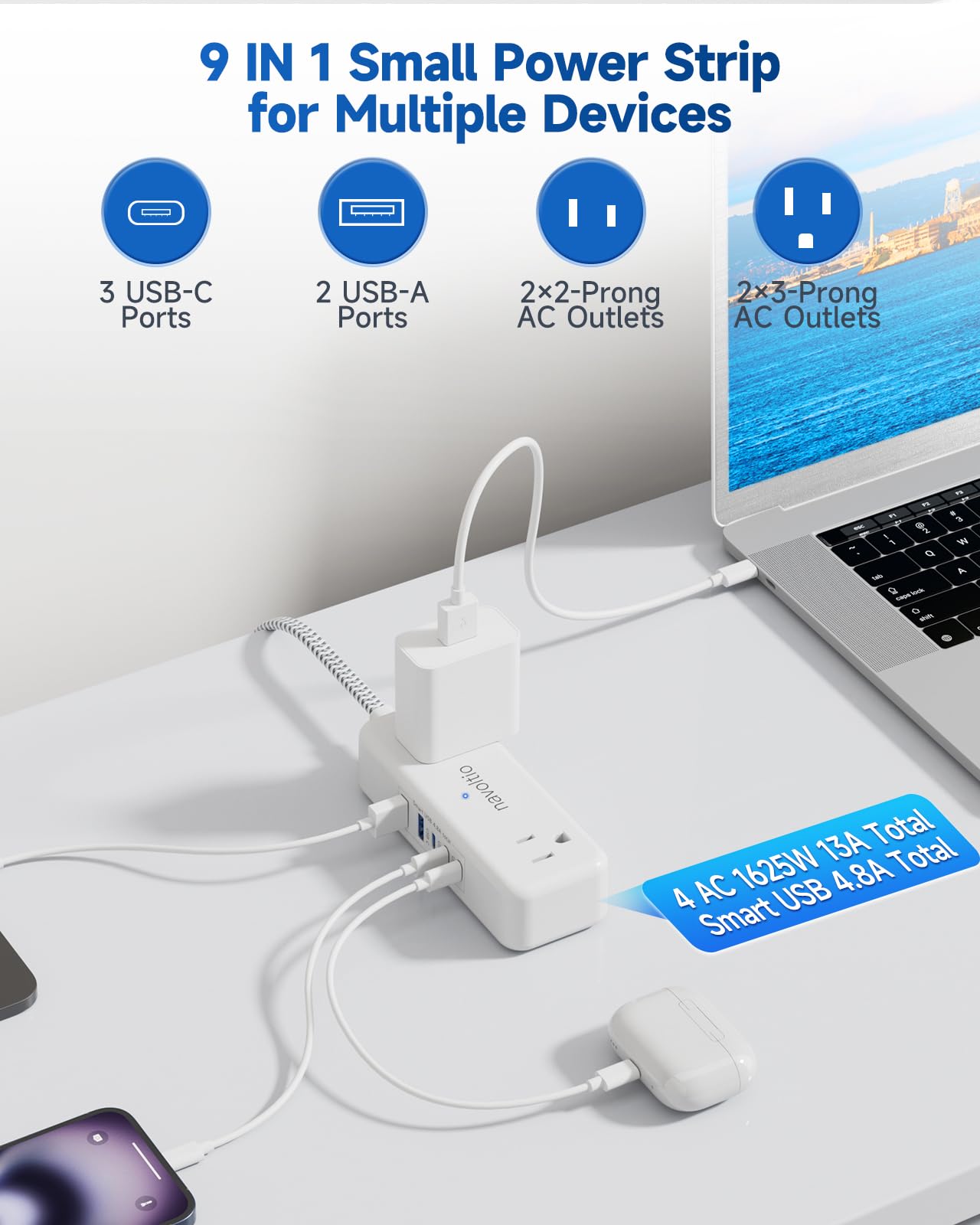 Short Extension Cord 1 ft -4 AC Outlets with 5 USB (5V/4.8A), Small Power Strip, Ultra Thin Flat Plug Extension Cord for Home Office College Dorm Essentials