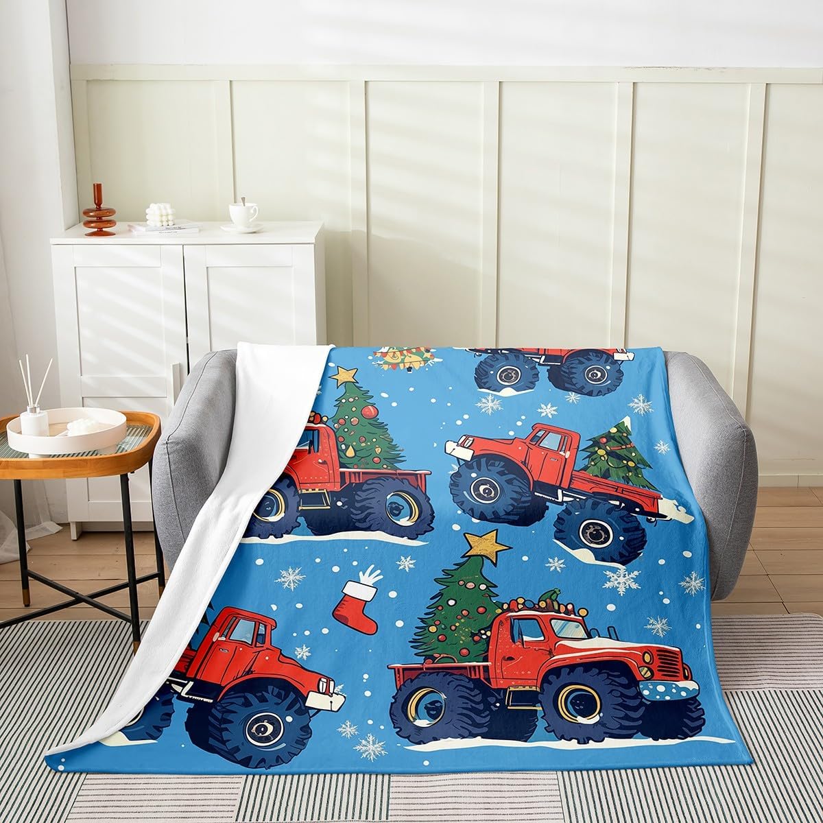 Christmas Cartoon Trucks Flannel Fleece Blanket,Xmas Pine Trees Snowman Golden Snowflake Soft Blanket for Bed Sofa Couch,Construction Vehicles Excavator Bed Blanket for Bedroom,Twin 60"x80"