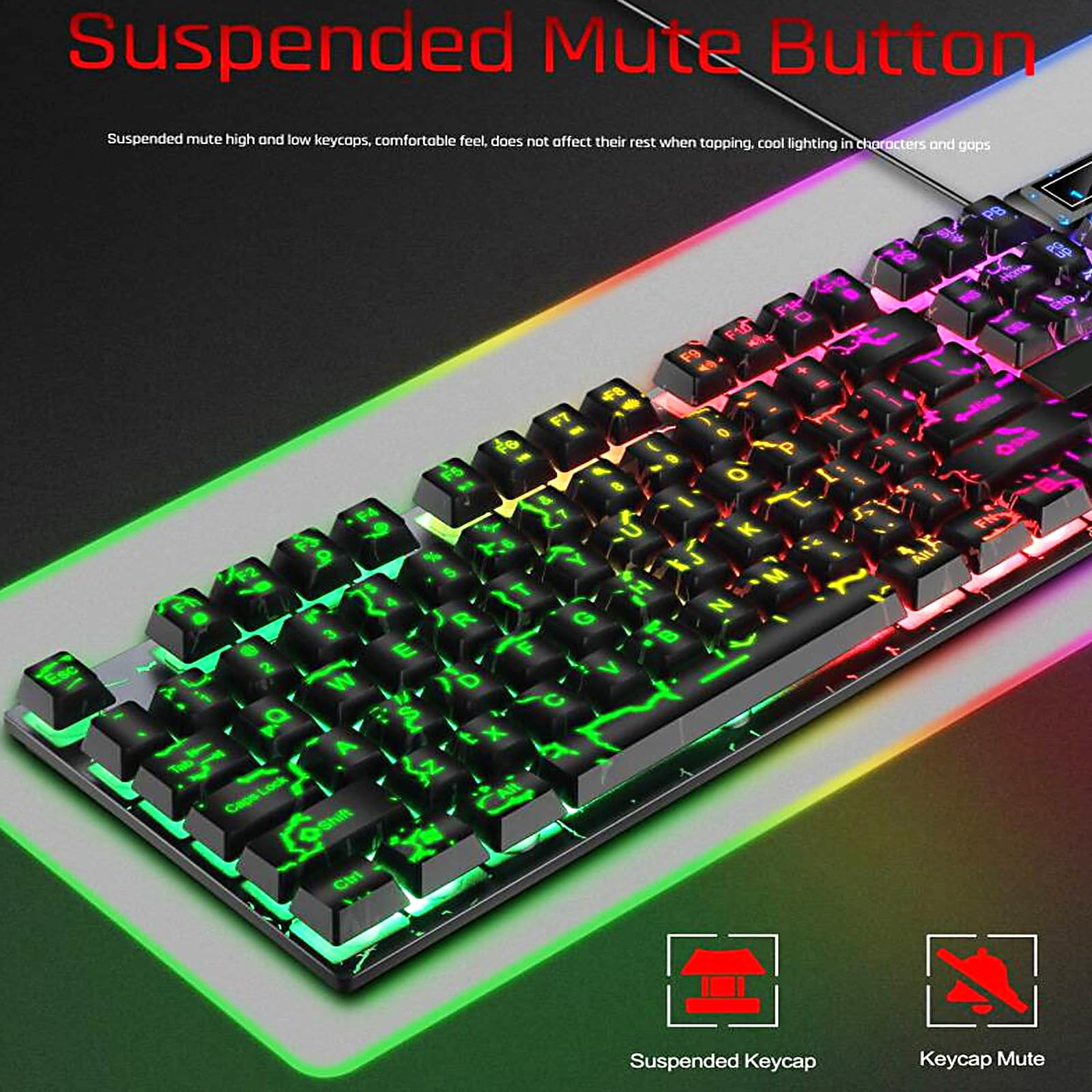 Tastiera e mouse da gioco cablati con crepa arcobaleno, 104 tasti che si illuminano meccanicamente, tastiera e mouse da gioco cablati per PC, Mac, Xbox Gamer, (nero)