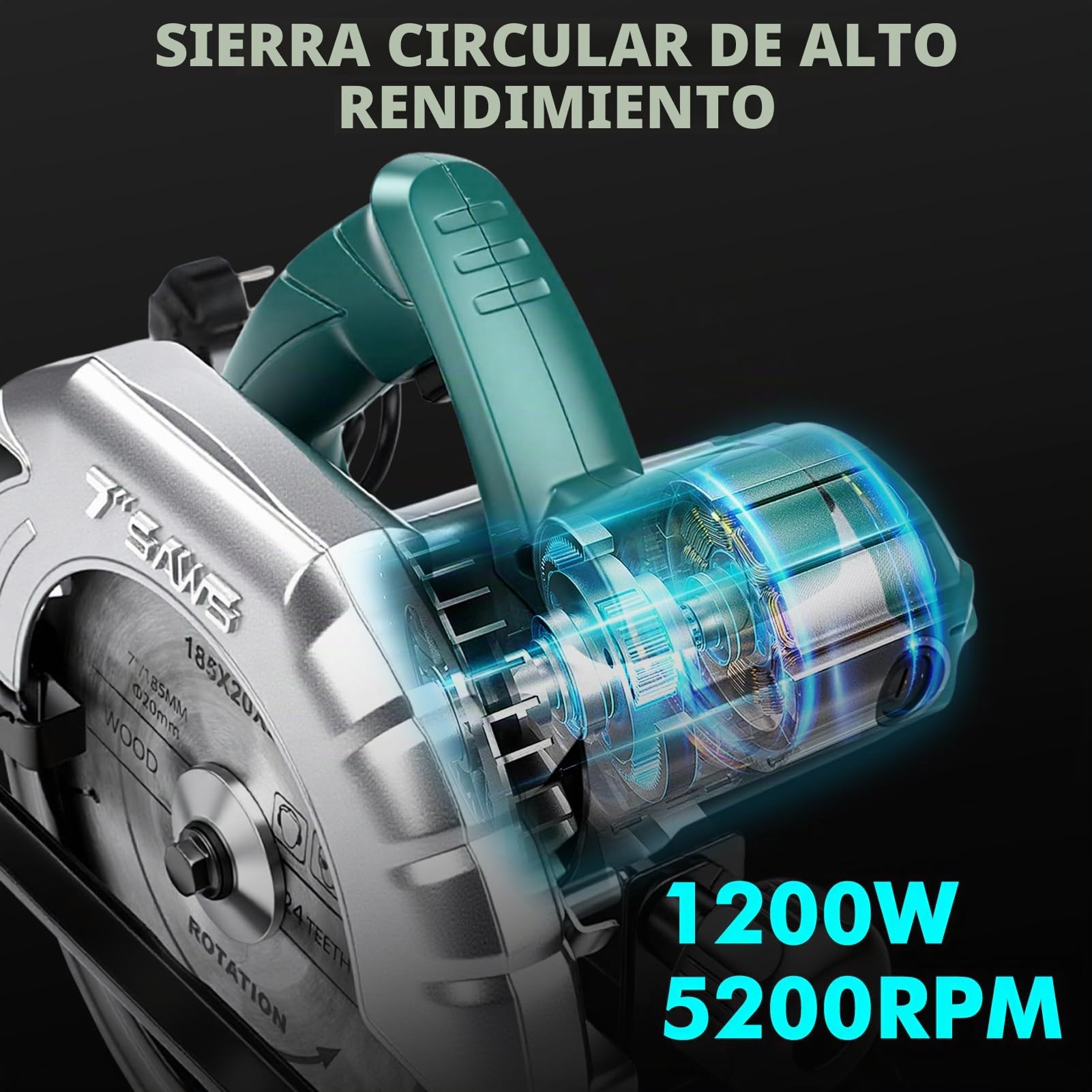 VOBOR 1200 W Sierra Circular de Mano 5200RPM, Profundidad de Corte 60mm(90°), 45mm(45°), Hoja de Sierra 185mm, Incluye Guía Lateral para Corte Recto y Llave, para Corte de Madera/Plástico