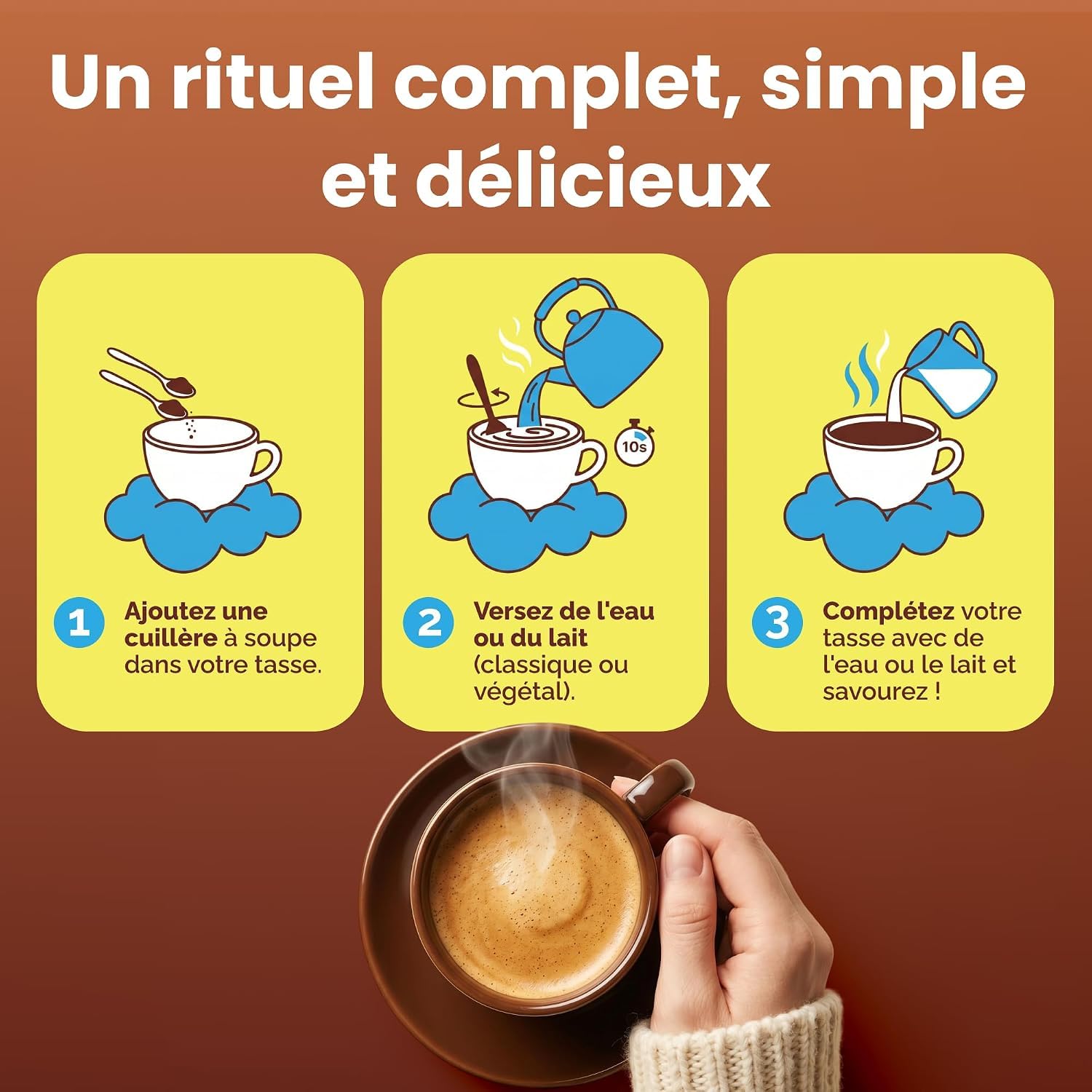 BONJOUR – Boisson Cacao aux Champignons Lion's Mane, Chaga, Cordyceps, Plantes Adaptogènes Ginseng et Vitamines B12, D3, E, K2–Zinc, Sélénium, Fibres, Sans Sucres, Vegan–Fabriqué en France–45 Portions